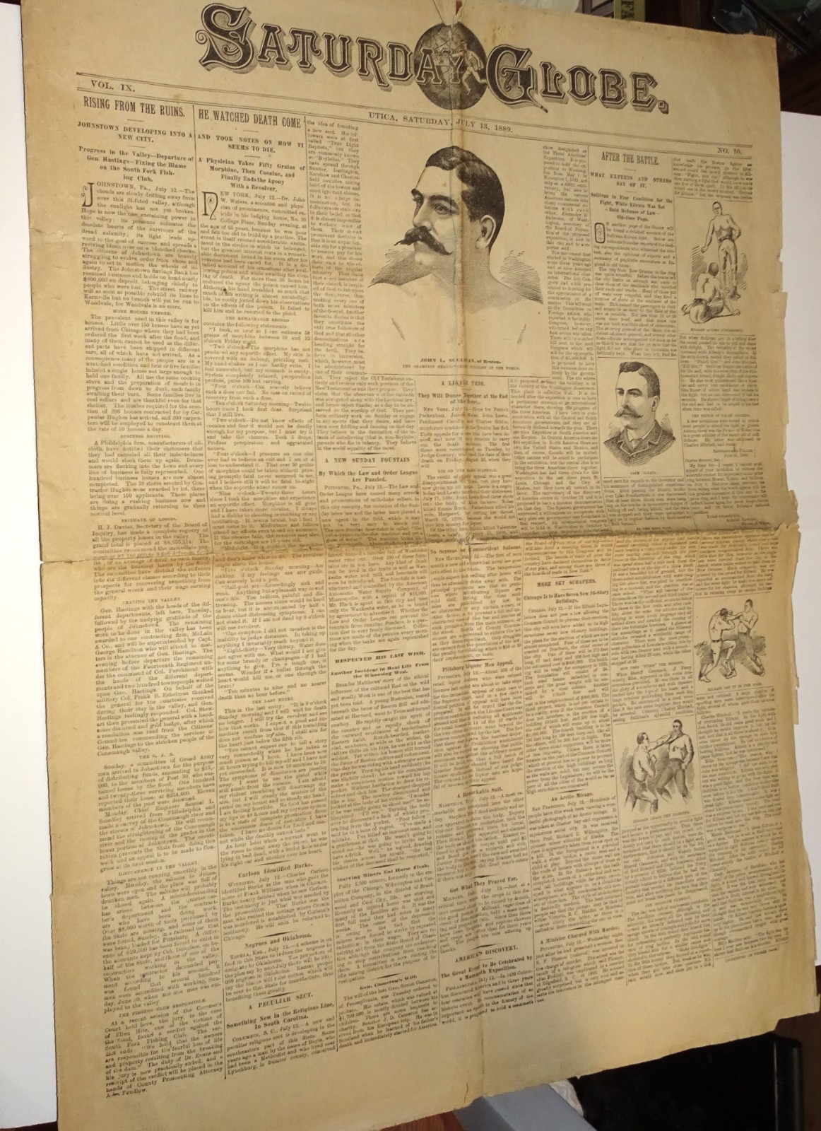 Sullivan-Kilrain (75 Rounds!) 1889 Sat. Globe newspaper LAST BARE-KNUCKLE FIGHT
