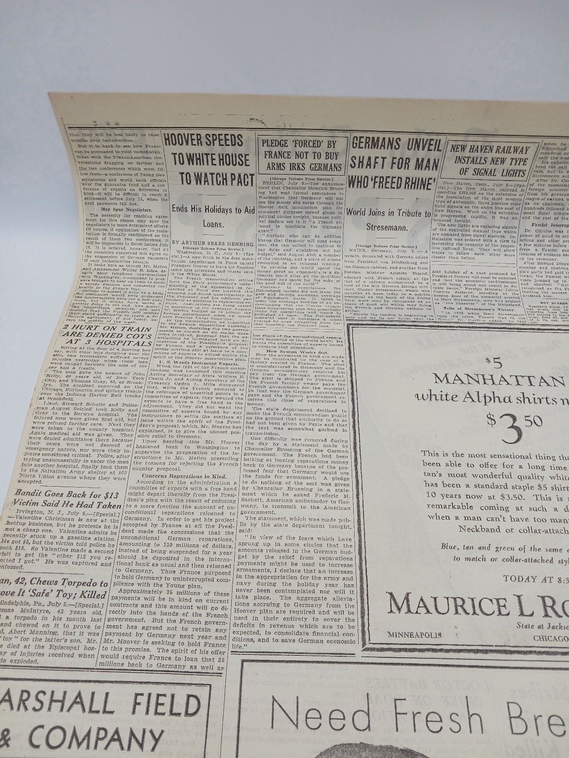 July 1931 Chicago Tribune Hoover Paris Plan Plane Crash Newspaper Page