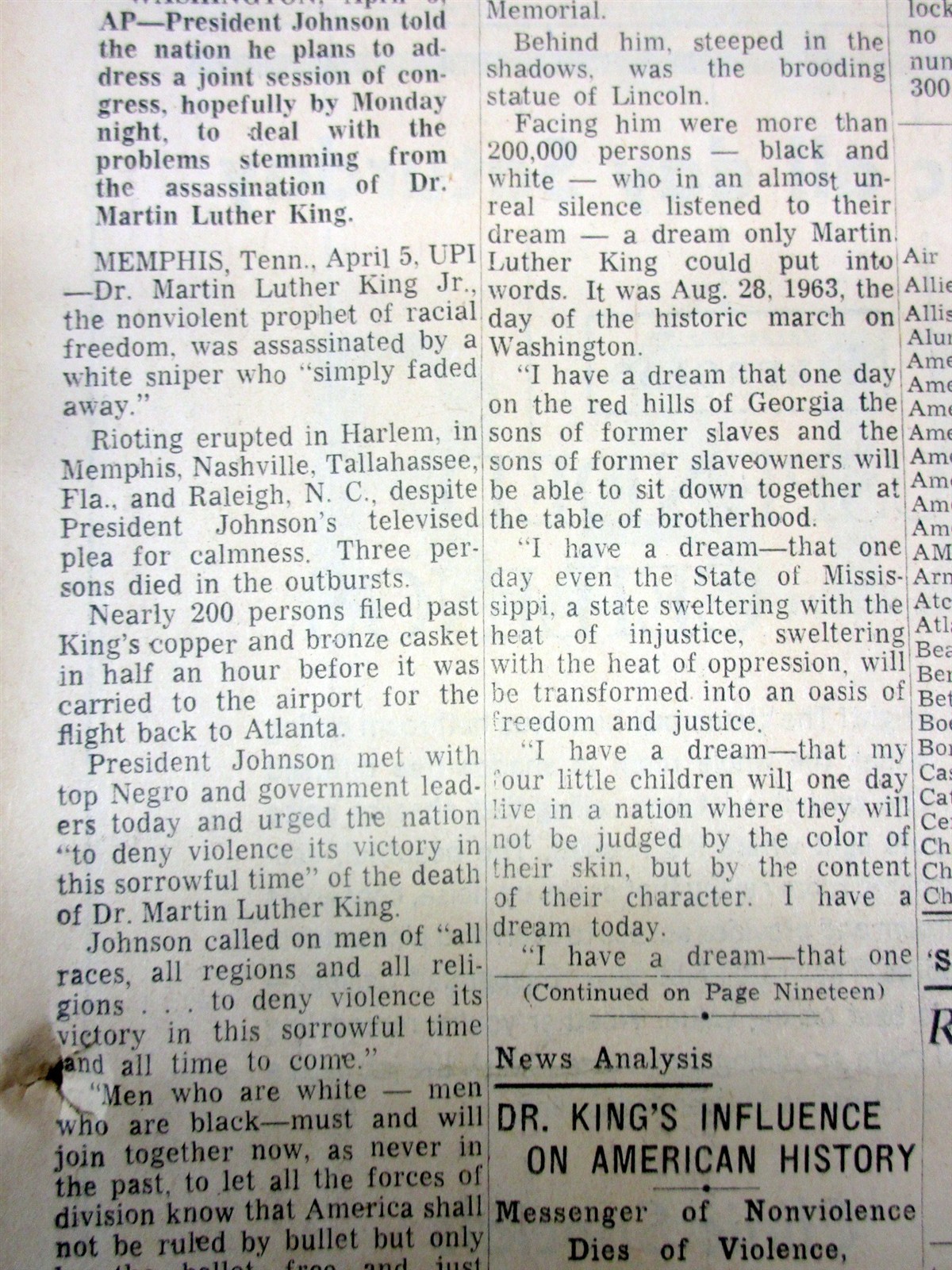 1968 newspaper DR MARTIN LUTHER KING, JR is ASSASSINATED in MEMPHIS Tennessee