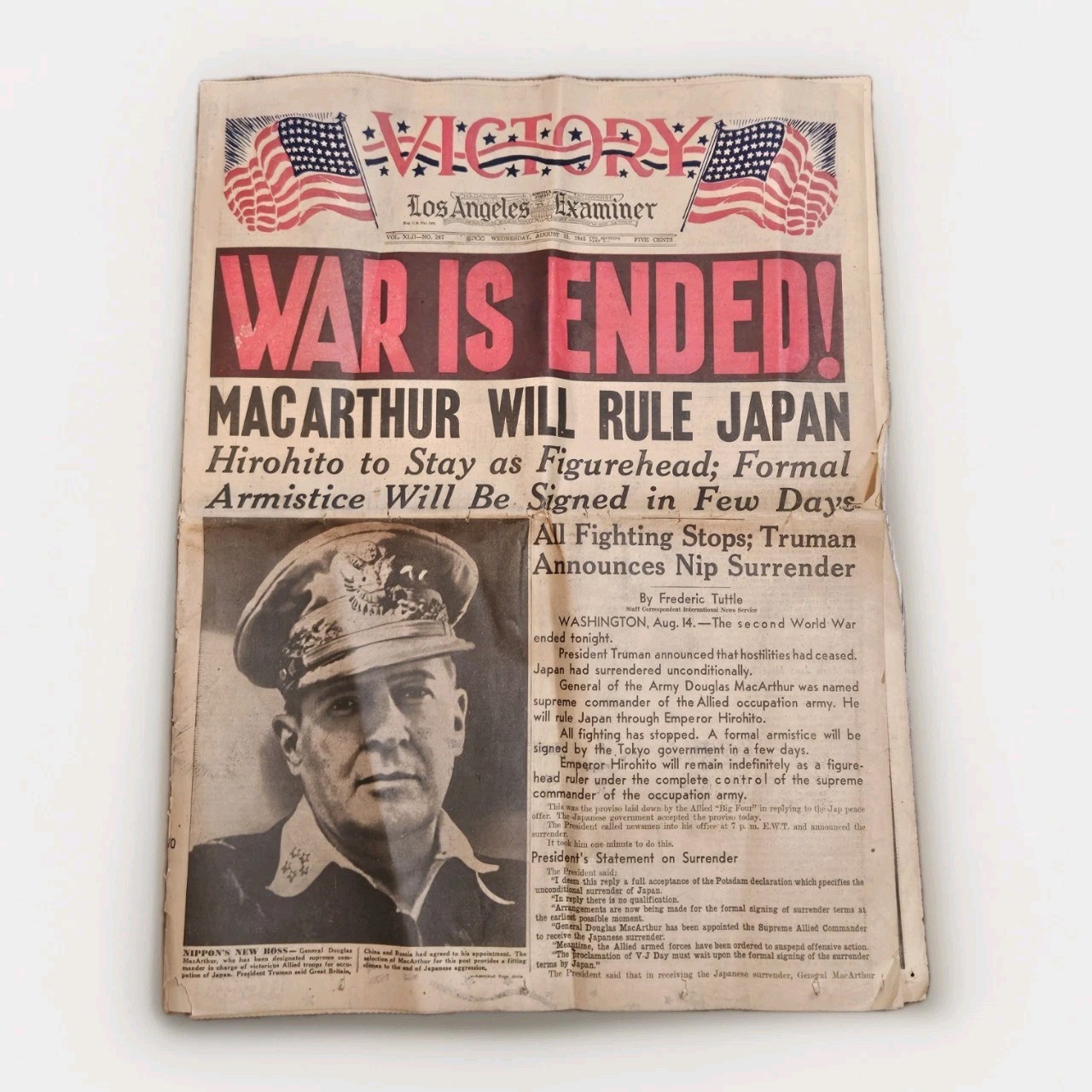 1945 Los Angeles Examiner WWII V-J Day Newspaper War Is Ended Aug 14 Section
