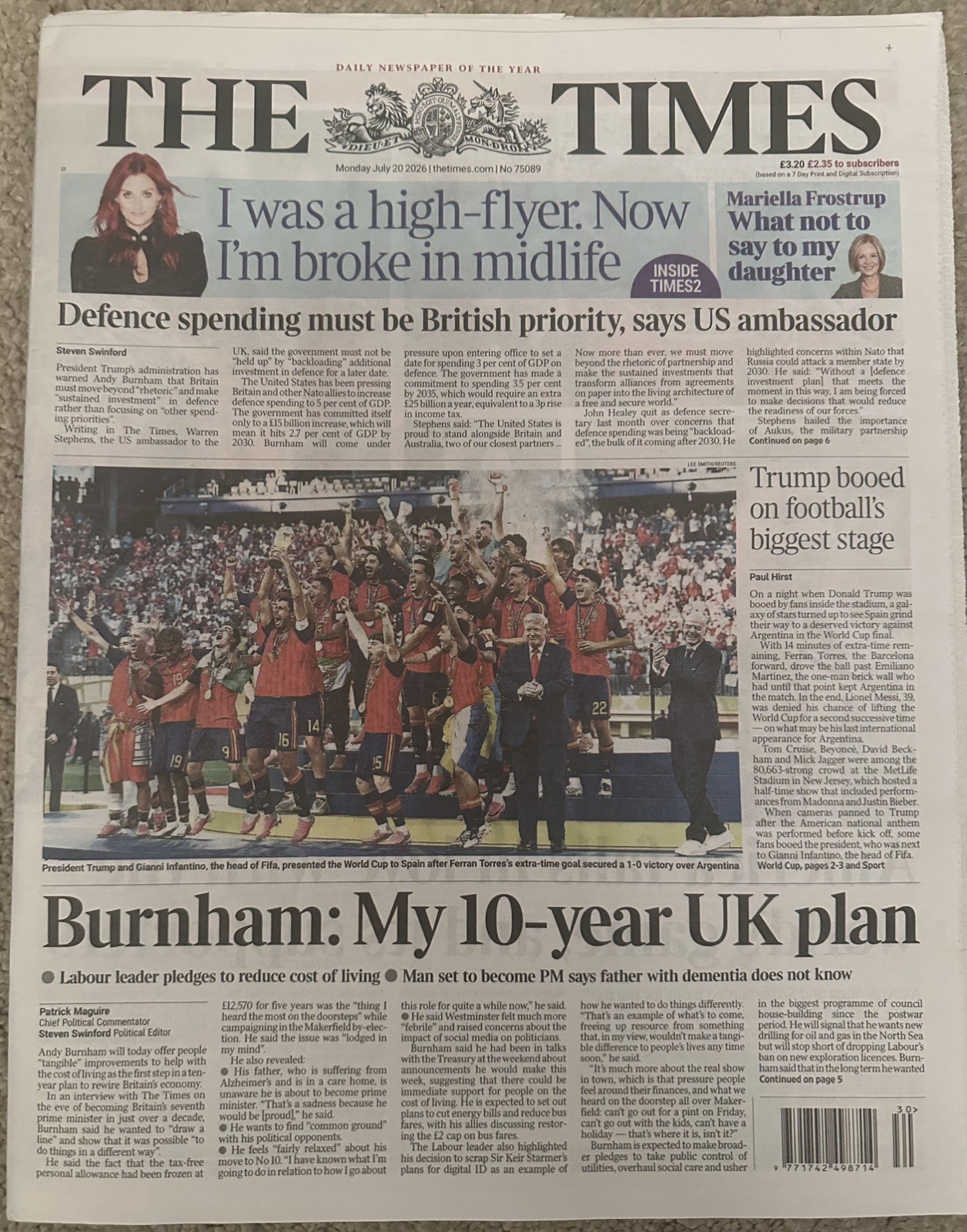 The Times 20th July 2026 20/7/26 Spain Beat Argentina & Win World Cup