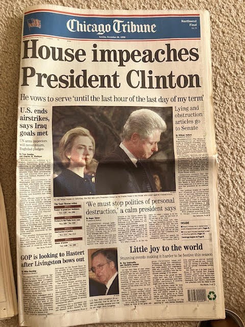 December 20, 1998 Chicago Tribune – Clinton Impeached – Newspaper Section 1