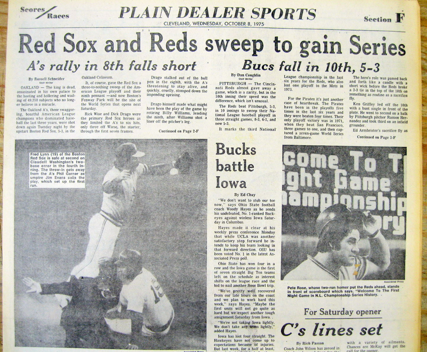 1975 newspaper BOSTON RED SOX & CINCINNATI REDS in BEST baseball WORLD SERIES