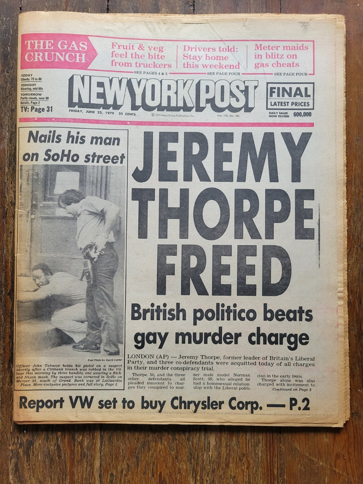 New York Post Newspaper, June 22, 1979, Jeremy Thorpe Freed, Citibank Robbery