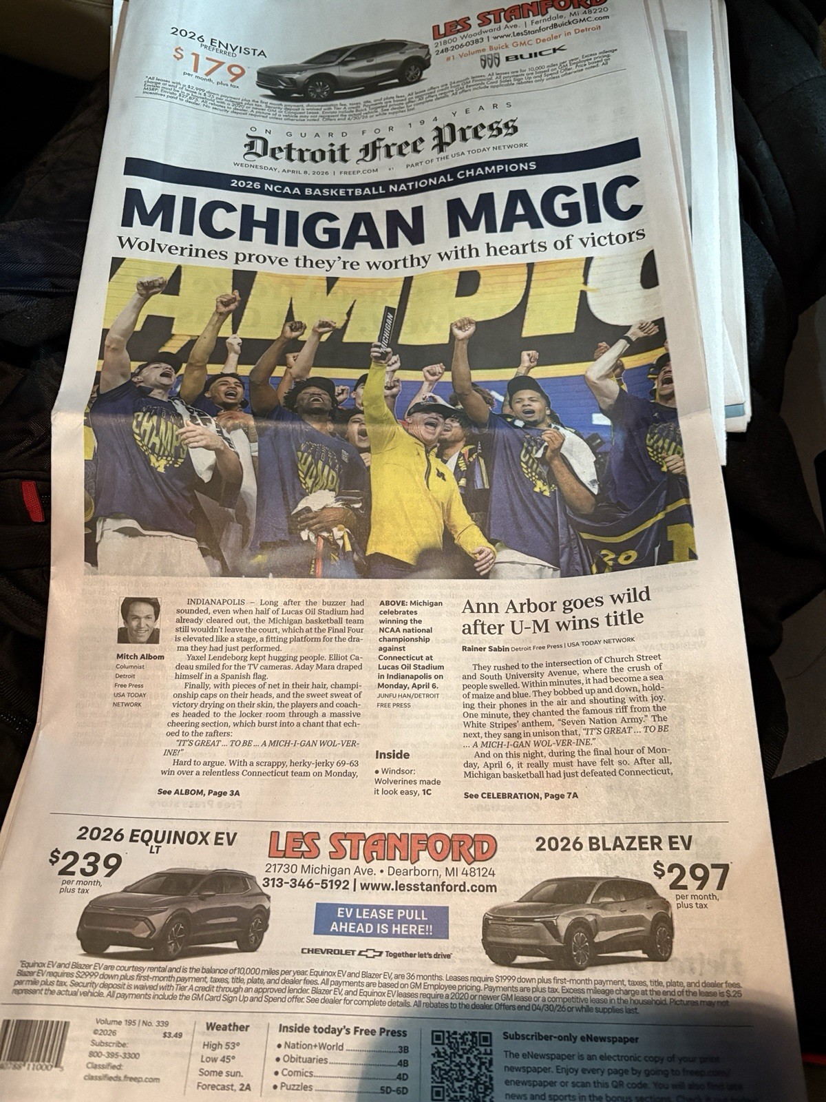 Detroit News & Free Press 2026 Michigan Basketball National Champions Newspaper