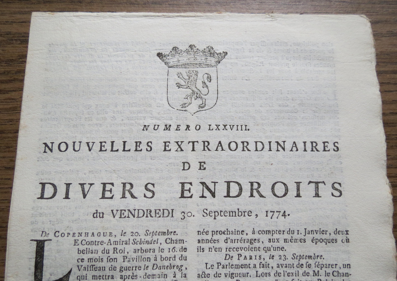 NEW EXTRAORDINARY VARIOUS LOCATIONS 30 Sept. 1774 FRENCH NEWSPAPER