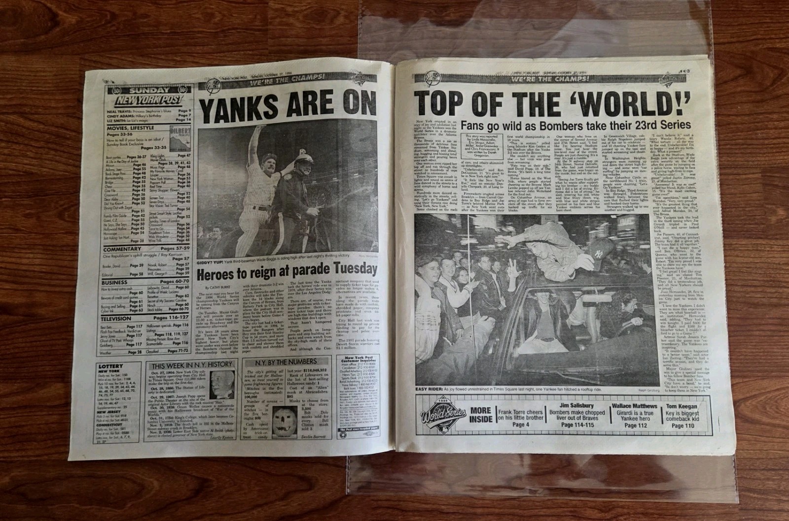 NY YANKEES WORLD SERIES CHAMPS 10/27/1996 NY POST .. FRAME IT!!