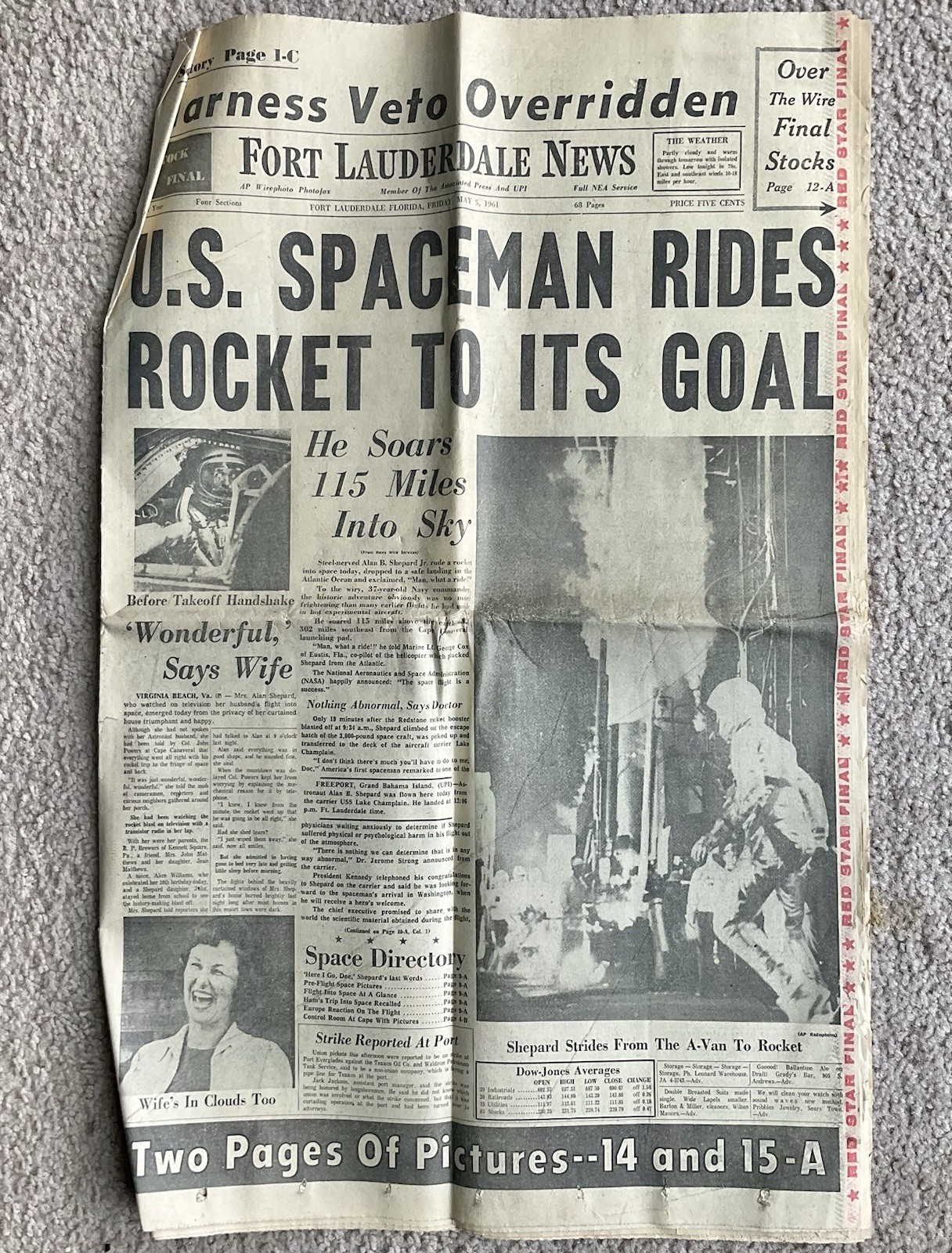 US Spaceman Rides Rocket To Its Goal – May 5, 1961 Fort Lauderdale Newspaper FL