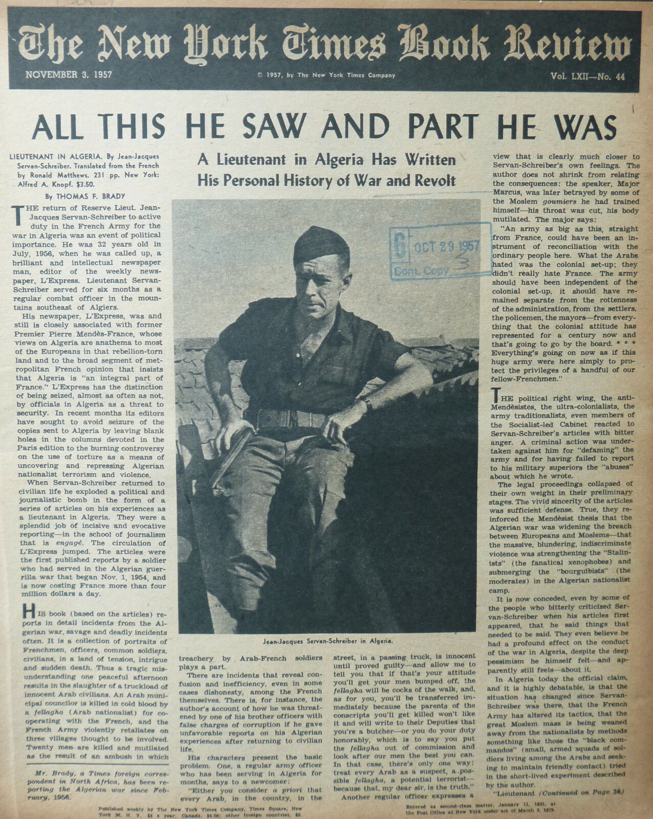 LIEUTENANT ALGERIA SERVAN-SCHREIBER BRADY November 3 1957 NY Times Book Review