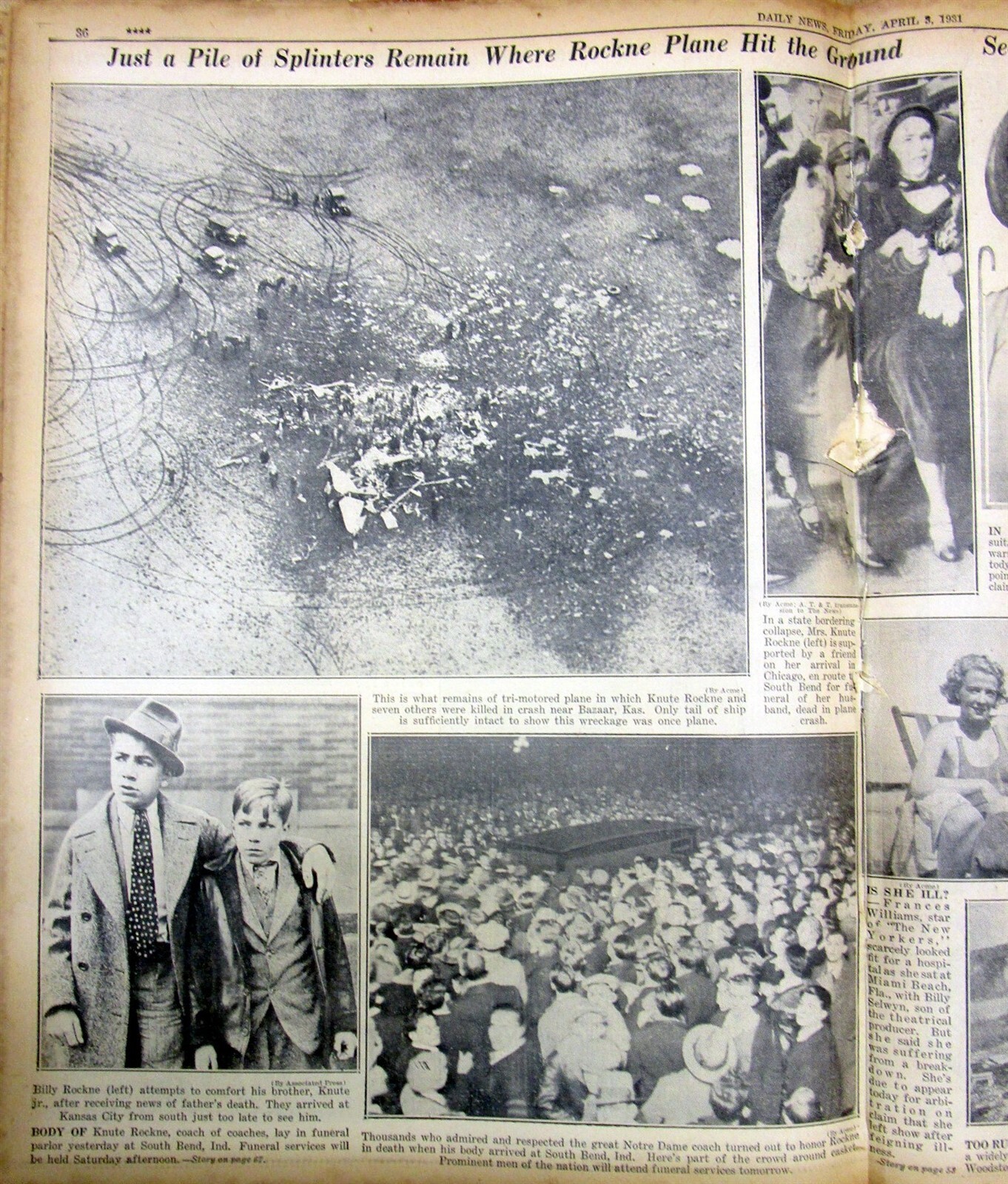 1931 NY Daily News newspaper KNUTE ROCKNE DEAD n Plane Crash NOTRE DAME Football