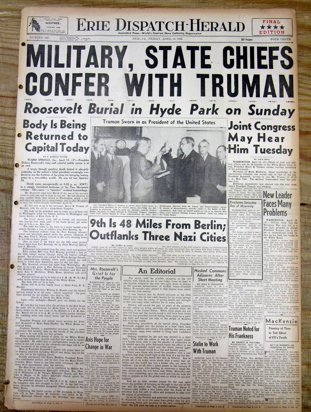 1945 WW II newspaper TRUMAN inaugurated US PRESIDENT w FRANKLIN ROOSEVELT DEATH