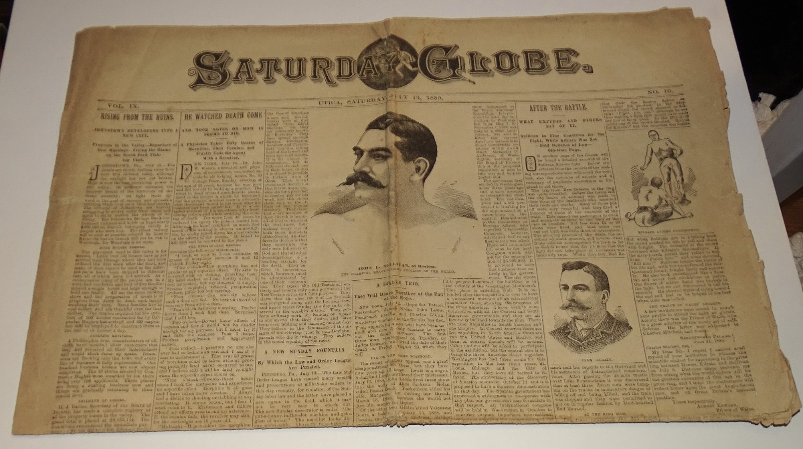 Sullivan-Kilrain (75 Rounds!) 1889 Sat. Globe newspaper LAST BARE-KNUCKLE FIGHT