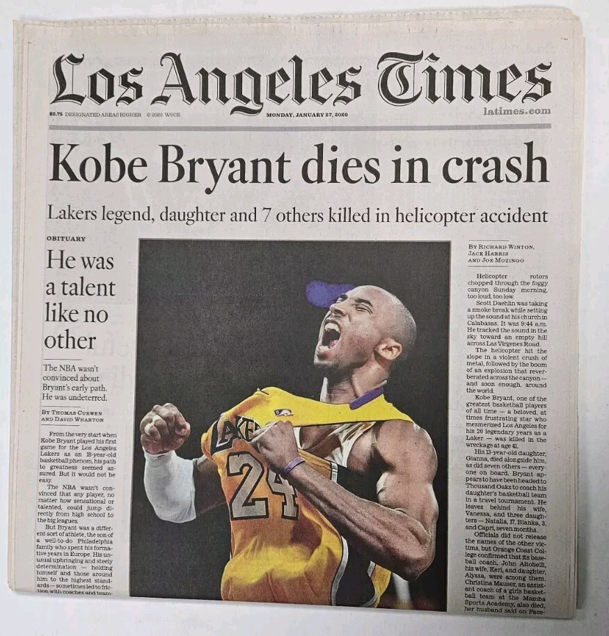 Los Angeles Lakers Kobe Bryant 1978-2020 LA Times Newspaper 1/27/20 Complete New