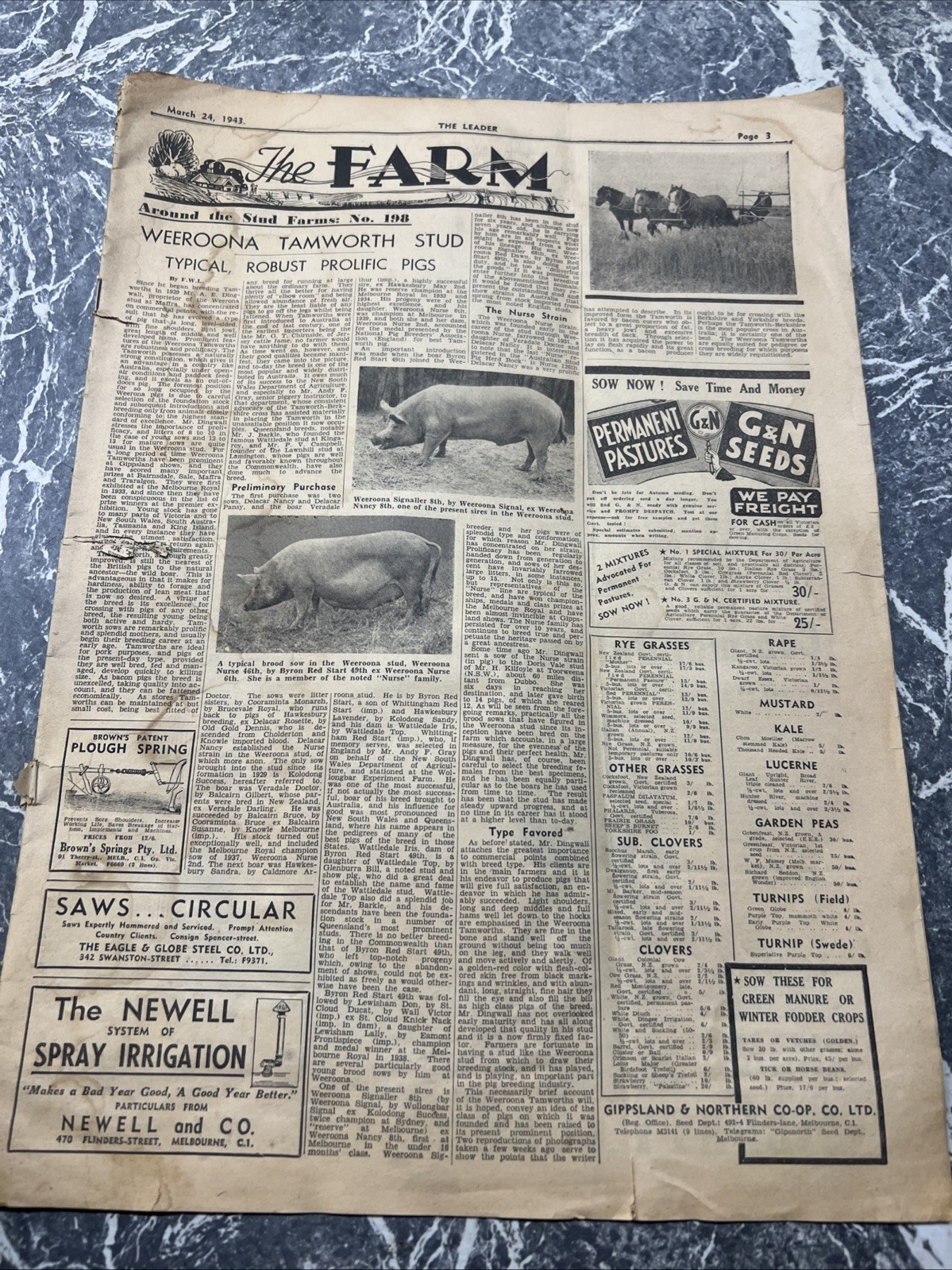 VINTAGE NEWSPAPER THE FARM LEADER 1940s ADVERT WW2 SCRAPBOOKING ART