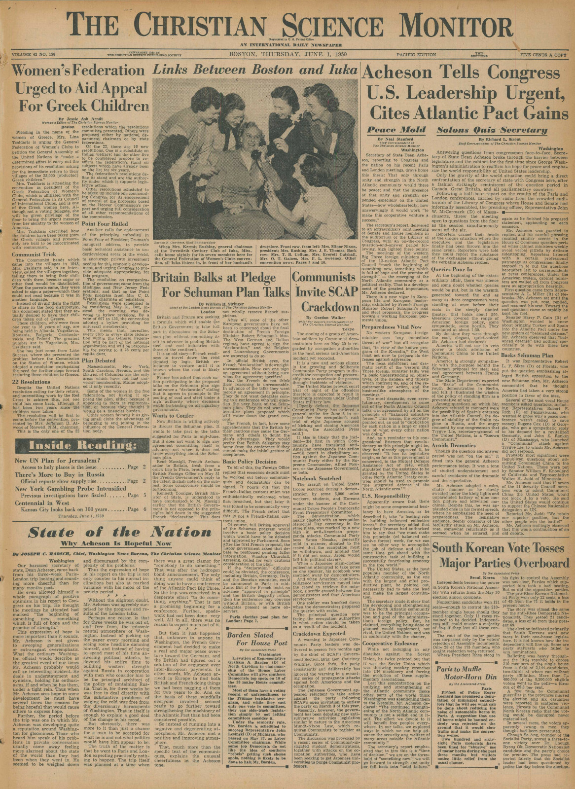 June 1, 1950 Original Newspaper International USA SOUTH KOREA VOTE ATLANTIC PACT