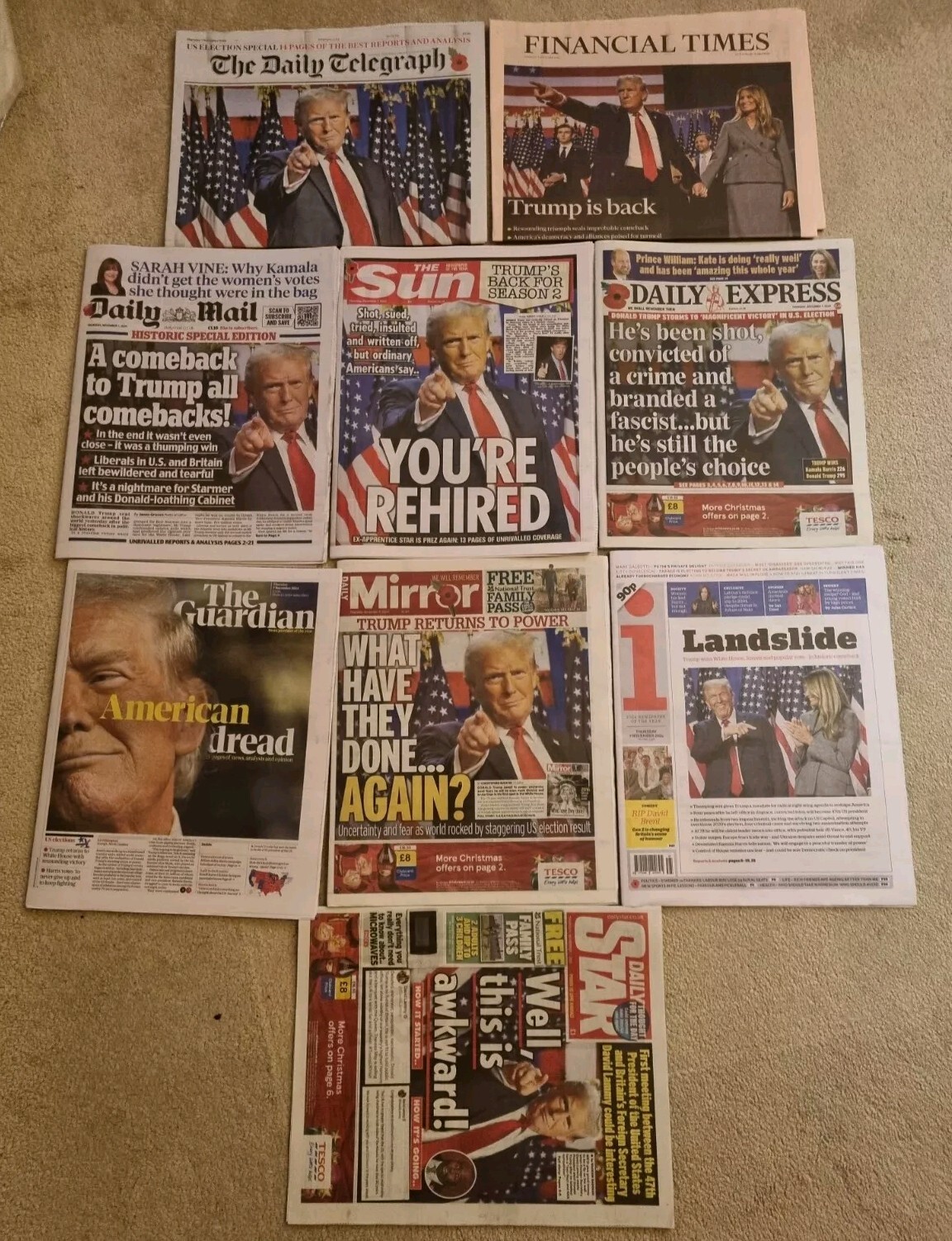 9 x UK Newspapers Donald Trump US Elections 07/11/24 Souvenir Editions New