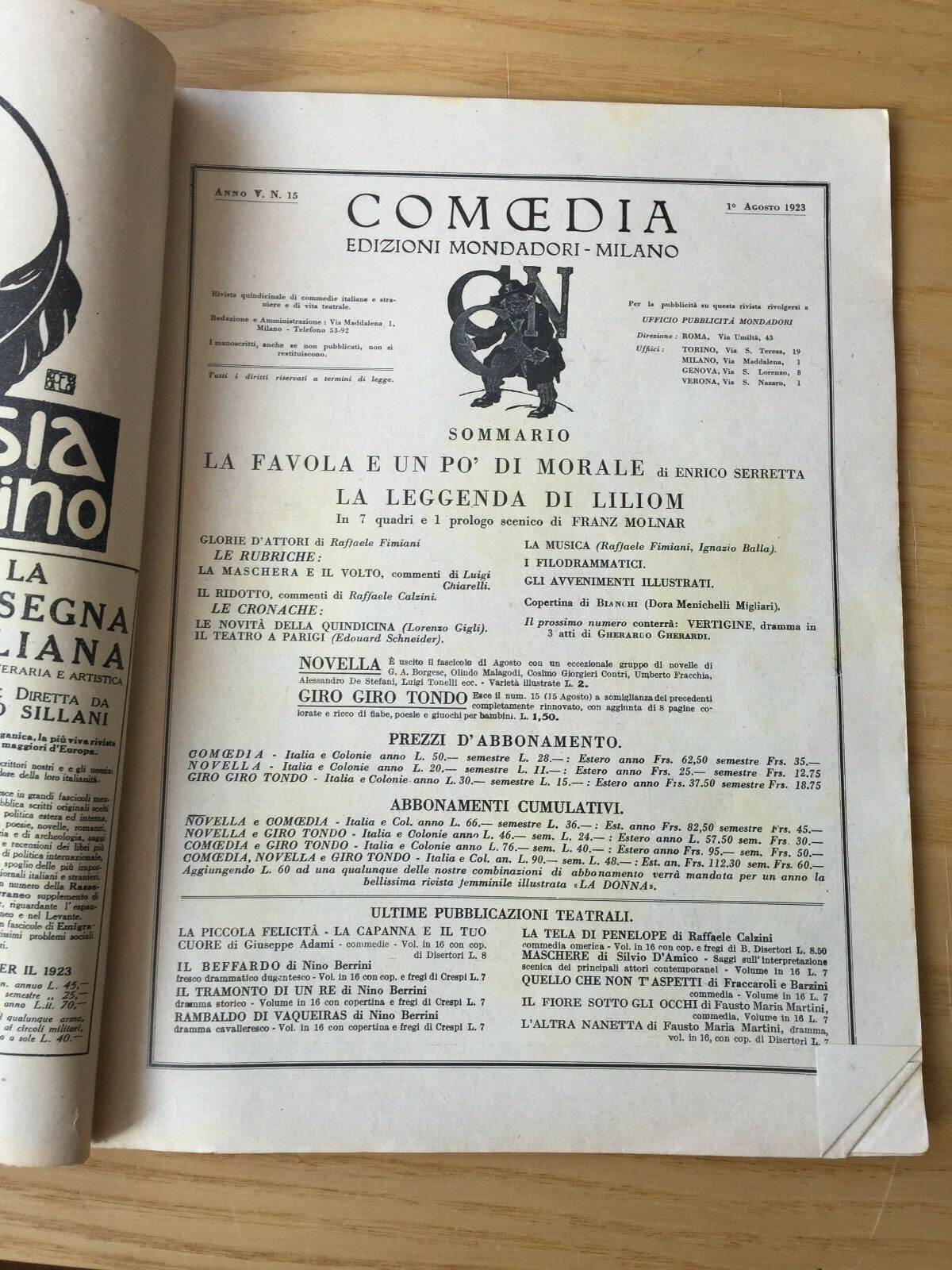 MONDADORI COMEDIA PERIODICO COMEDIA E VITA THEATRALE N° 15 1923 F. MOLNAR 2/19