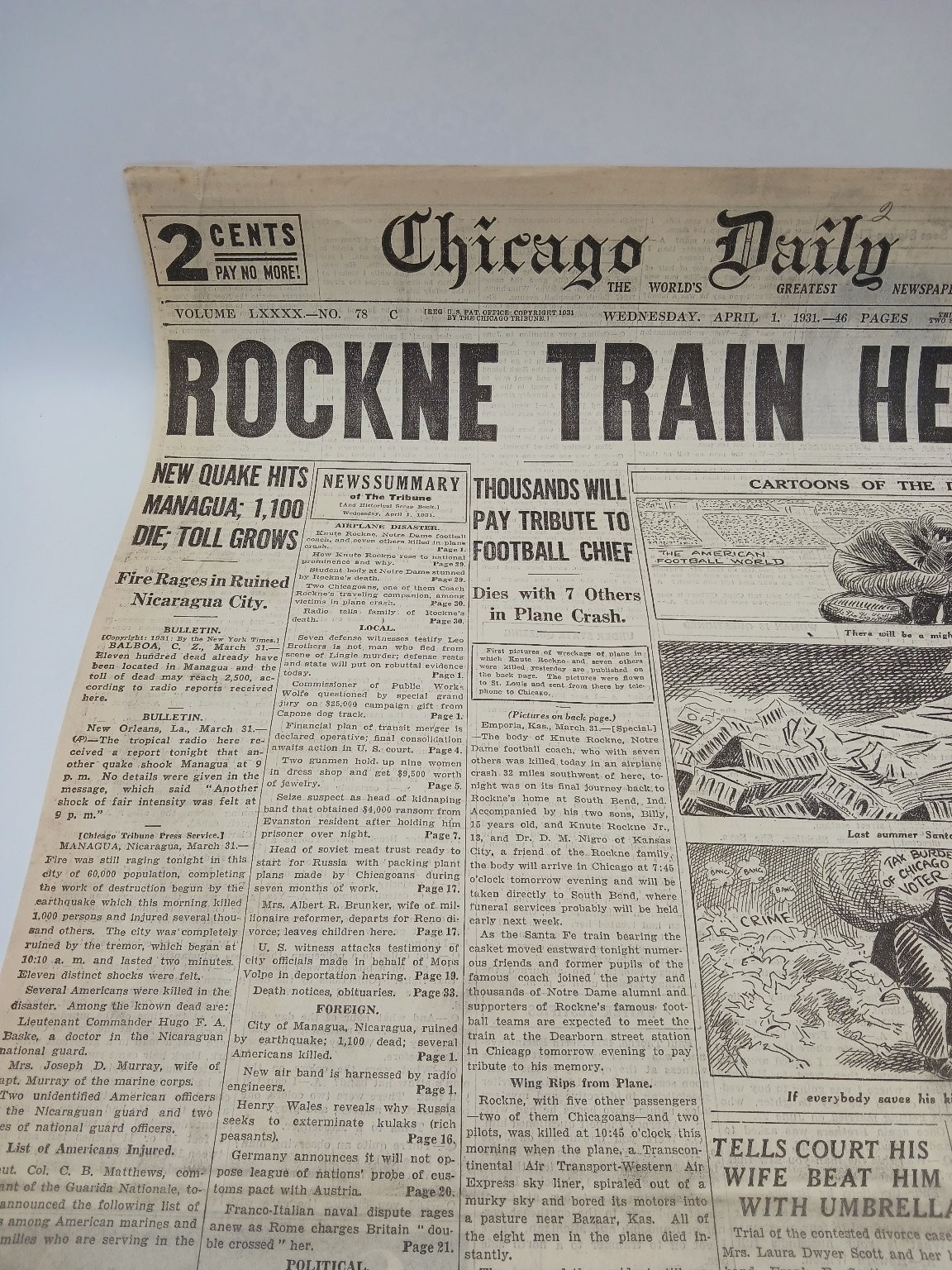 1931 Knute Rockne Dies Plane Crash Tribute Chicago Newspaper Page Aiello Gang