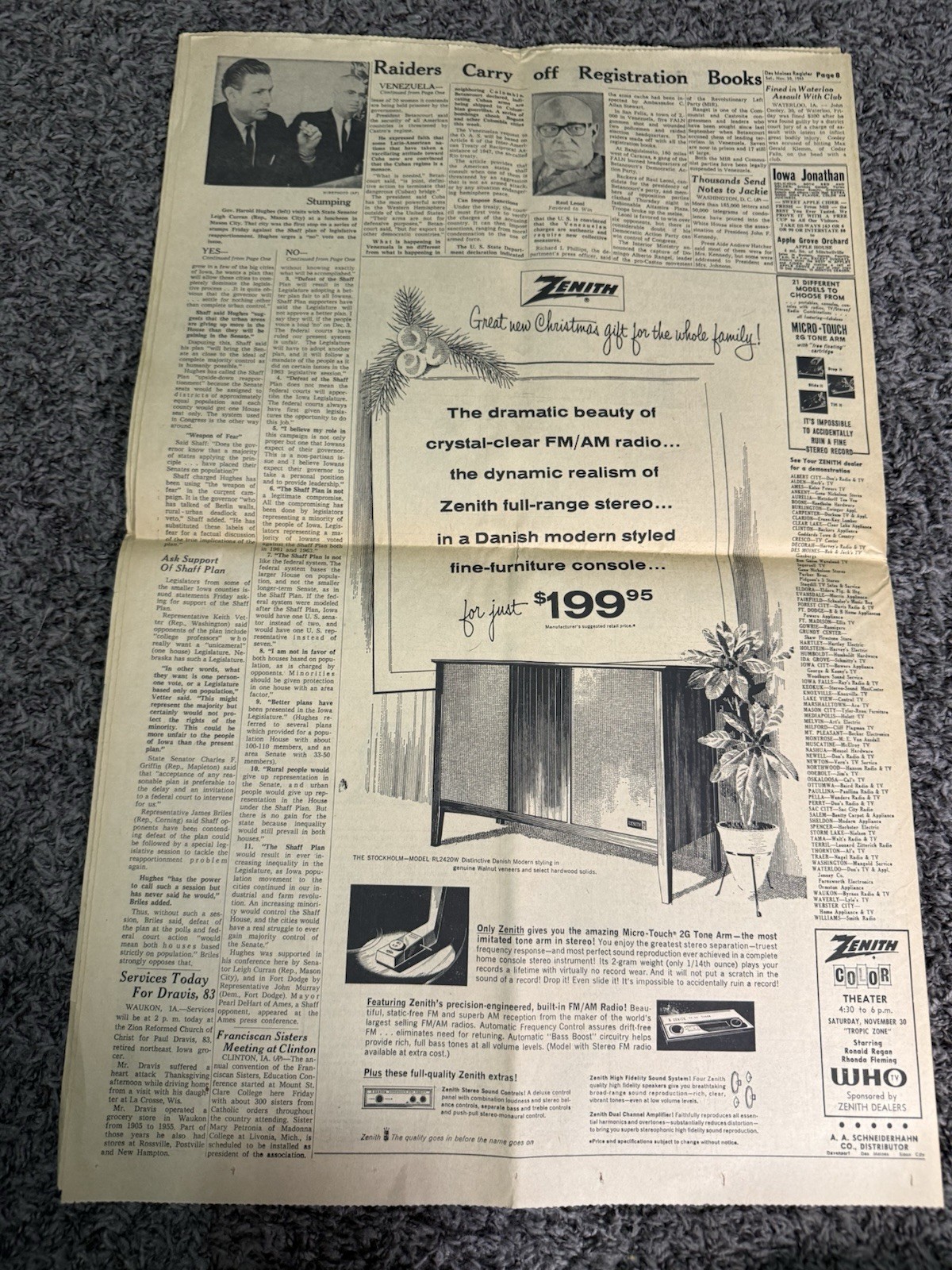 Des Moines IA Register Nov 1963 JFK Assassination Warren Commission Plane Crash