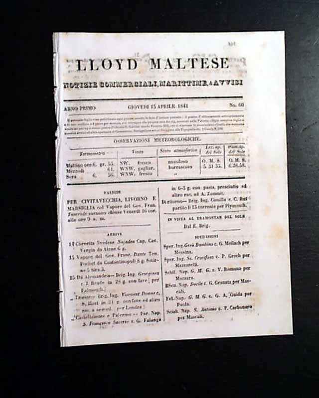 Early & Rare ISLAND OF MALTA Italy Italian 1841 Miniature Old Newspaper