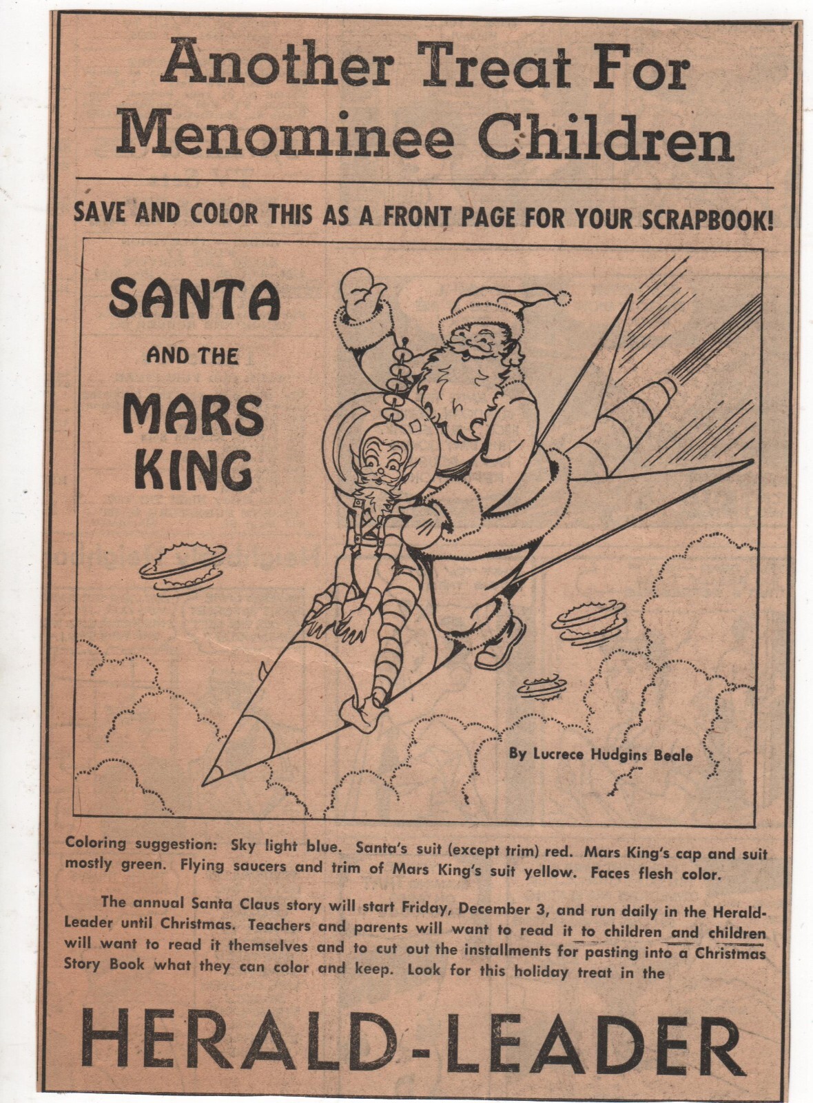 Santa and the Mars King Treat for Menominee Children Save and Color 1954 Rare