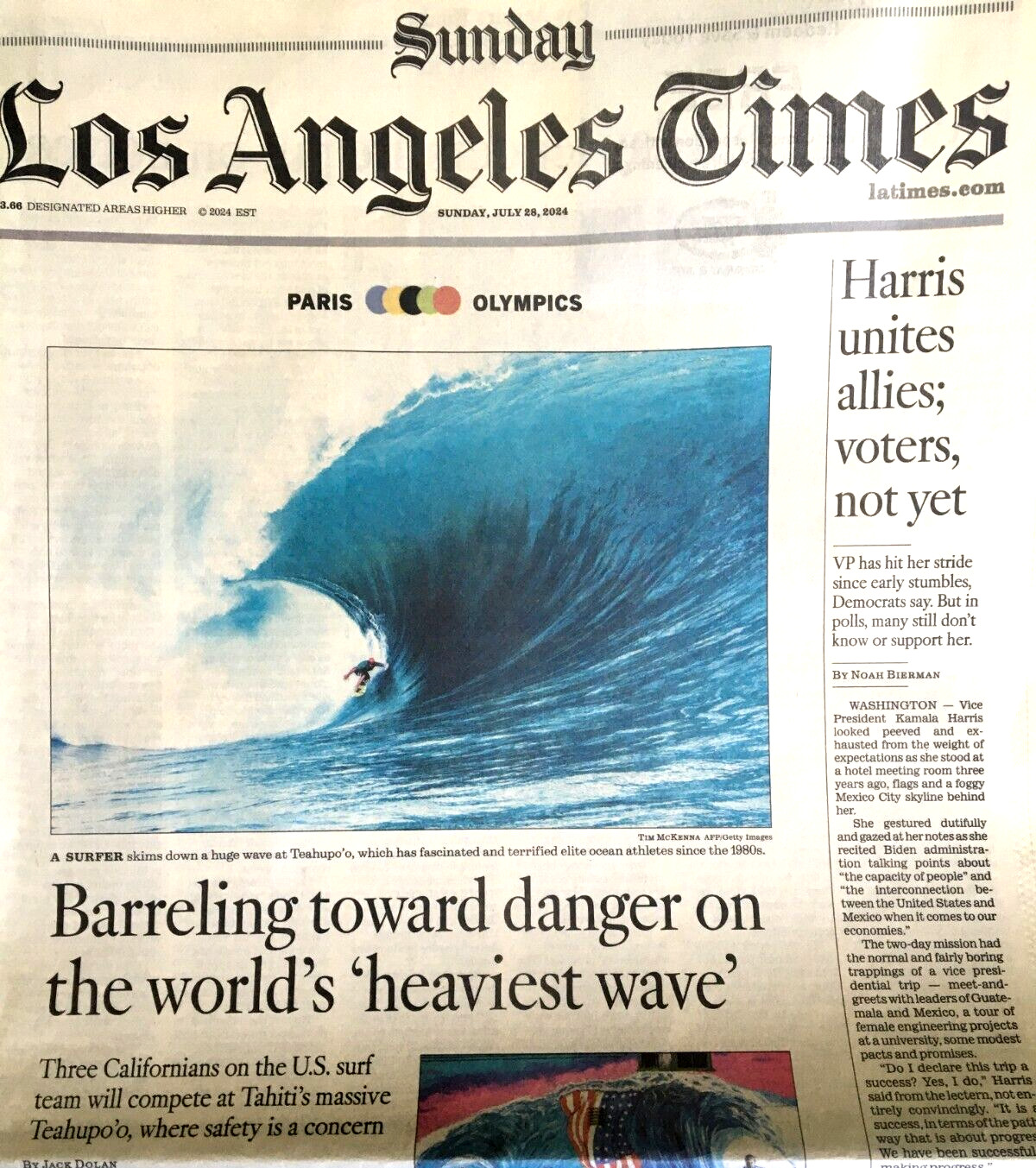 LOS ANGELES TIMES July 28, 2024 FBI SAYS TRUMP STRUCK BY BULLET Paris Olympics
