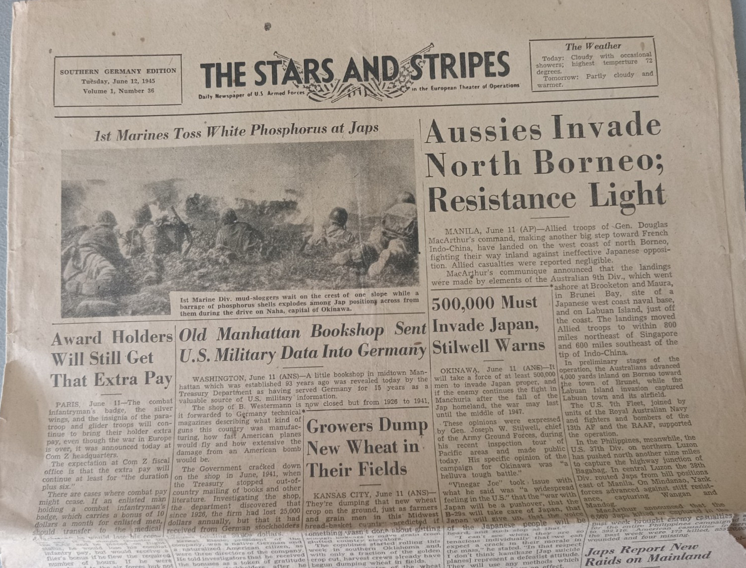 WWII WW2 THE STARS AND STRIPES Newspaper June 12, 1945 AUSSIES INVADE N BORNEO