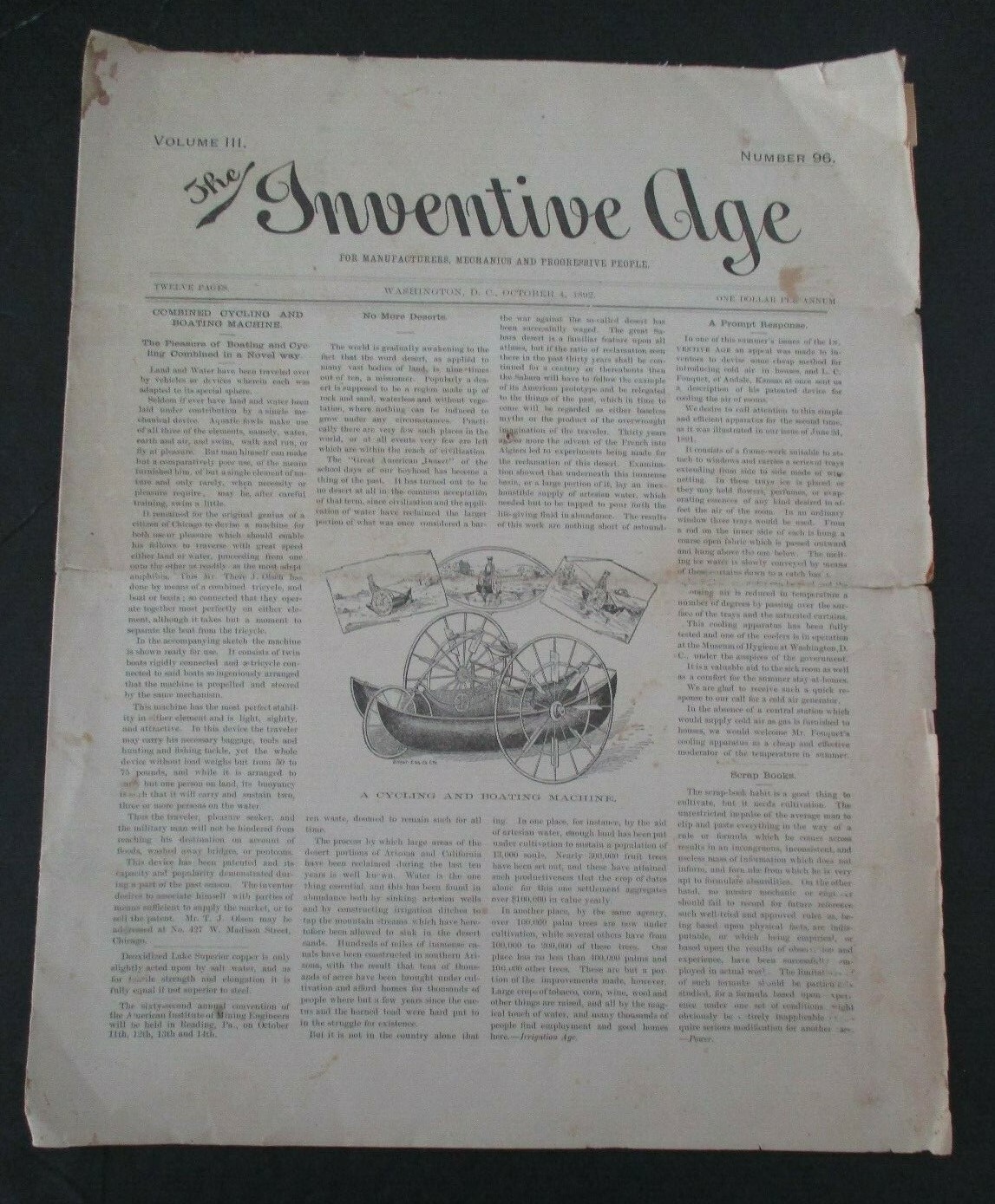 1892 THE INVENTIVE AGE For Manufacturers, Mechanics & Progressive People, Rare