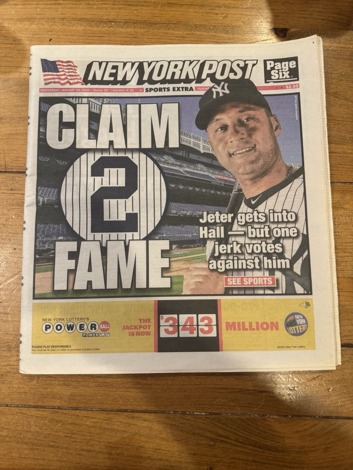 2020 New York Post Derek Jeter Hall of Fame Newspaper Sports Extra Jan 22