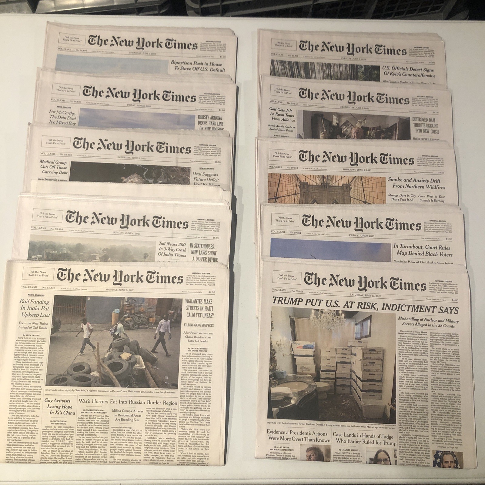 New York Times 10 Used Newspapers Lot – June 1 2 3 4 5 6 7 8 9 10, 2023