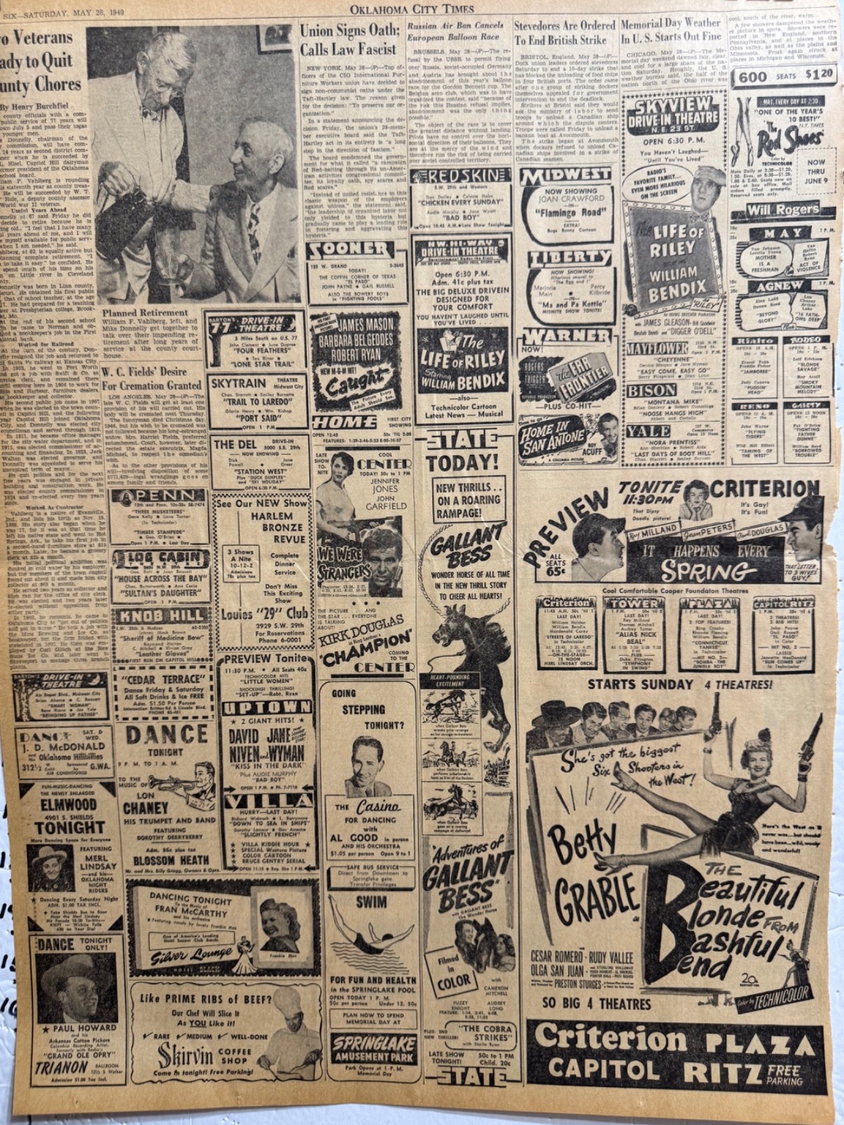 1949 MAY MOVIE ADS 21 OKLA. CITY NEWSPAPER PAGES WITH LOTS OF ADS GROUP #29