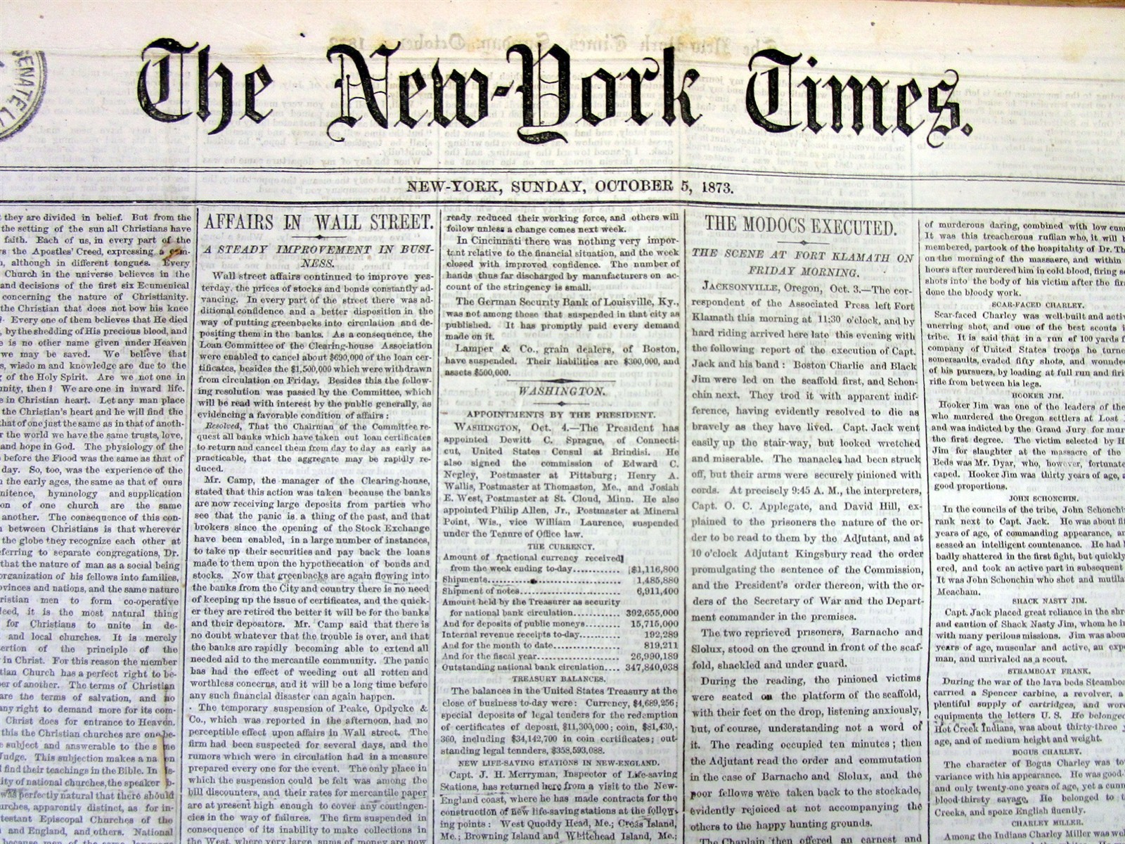 1873 NY Times newspaper The MODOC INDIAN WAR ENDS with HANGING of the LEADERS
