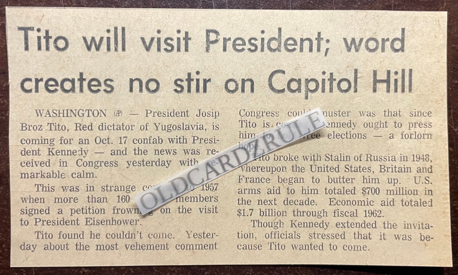 Original 60’s Newspaper Clipping *TITO VISITS PRESIDENT KENNEDY* IN AMERICA
