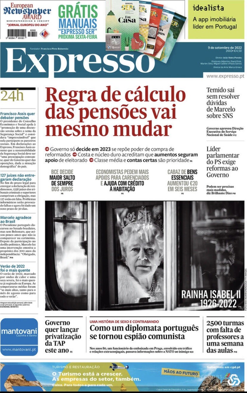 EXPRESSO Newspaper Queen Elizabeth II Death September 9th – Portugal