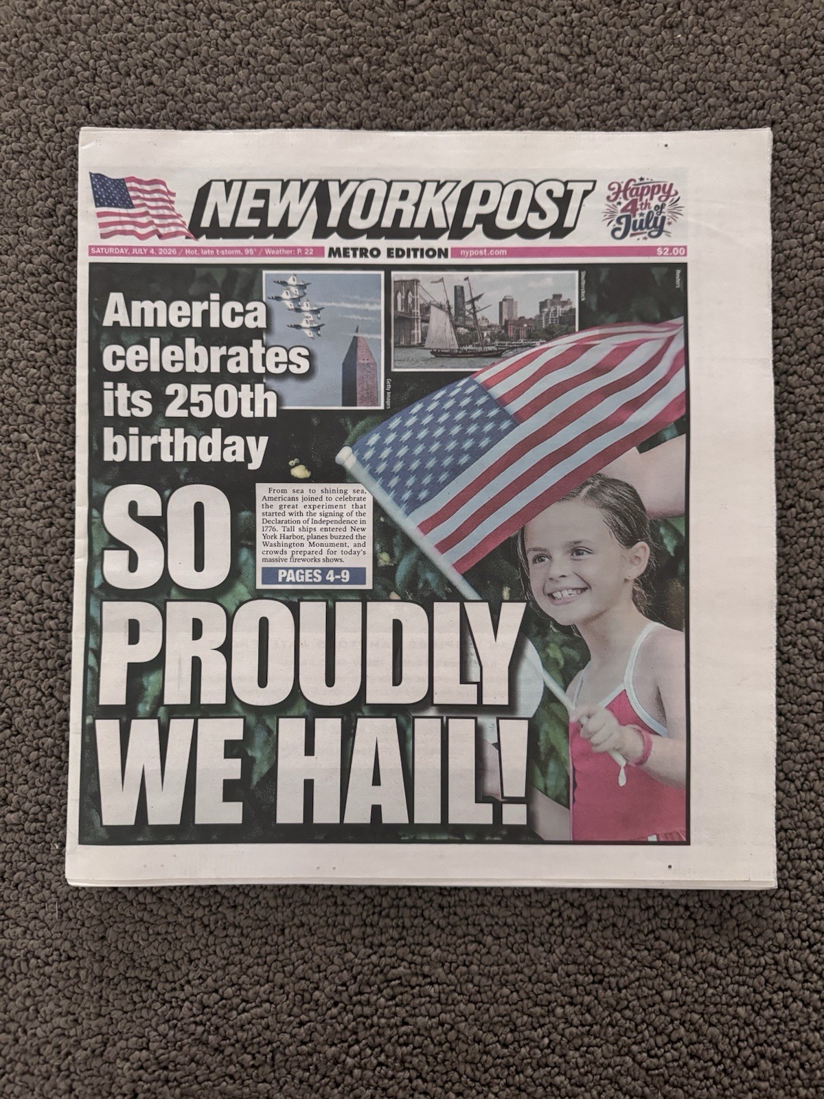 2026 NY POST America 250th Birthday 7/4 New York City Newspaper July 4th 250