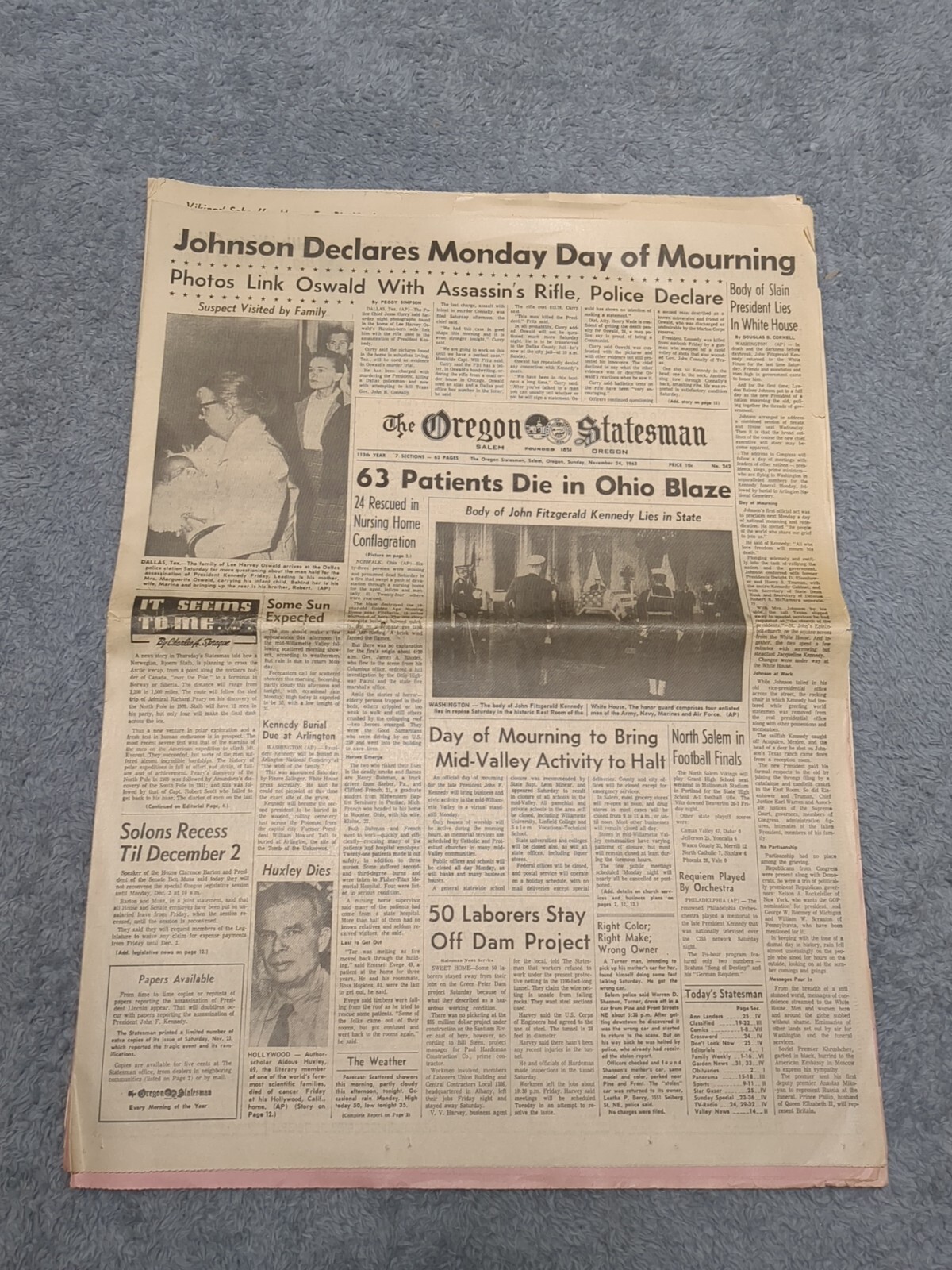 The Oregon Statesman Newspaper Nov. 24th 1963 Johnson Declares Day Of Mourning