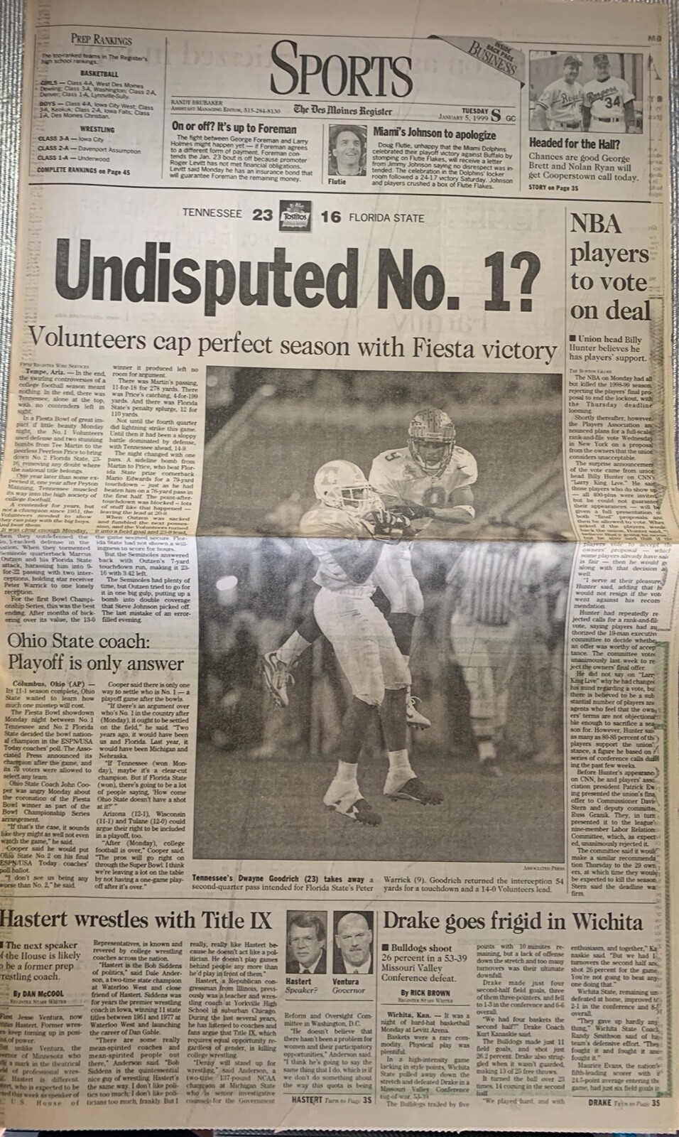 Tennessee Volunteers beat Florida St in Fiesta Bowl – 1/5/99 Des Moines Register