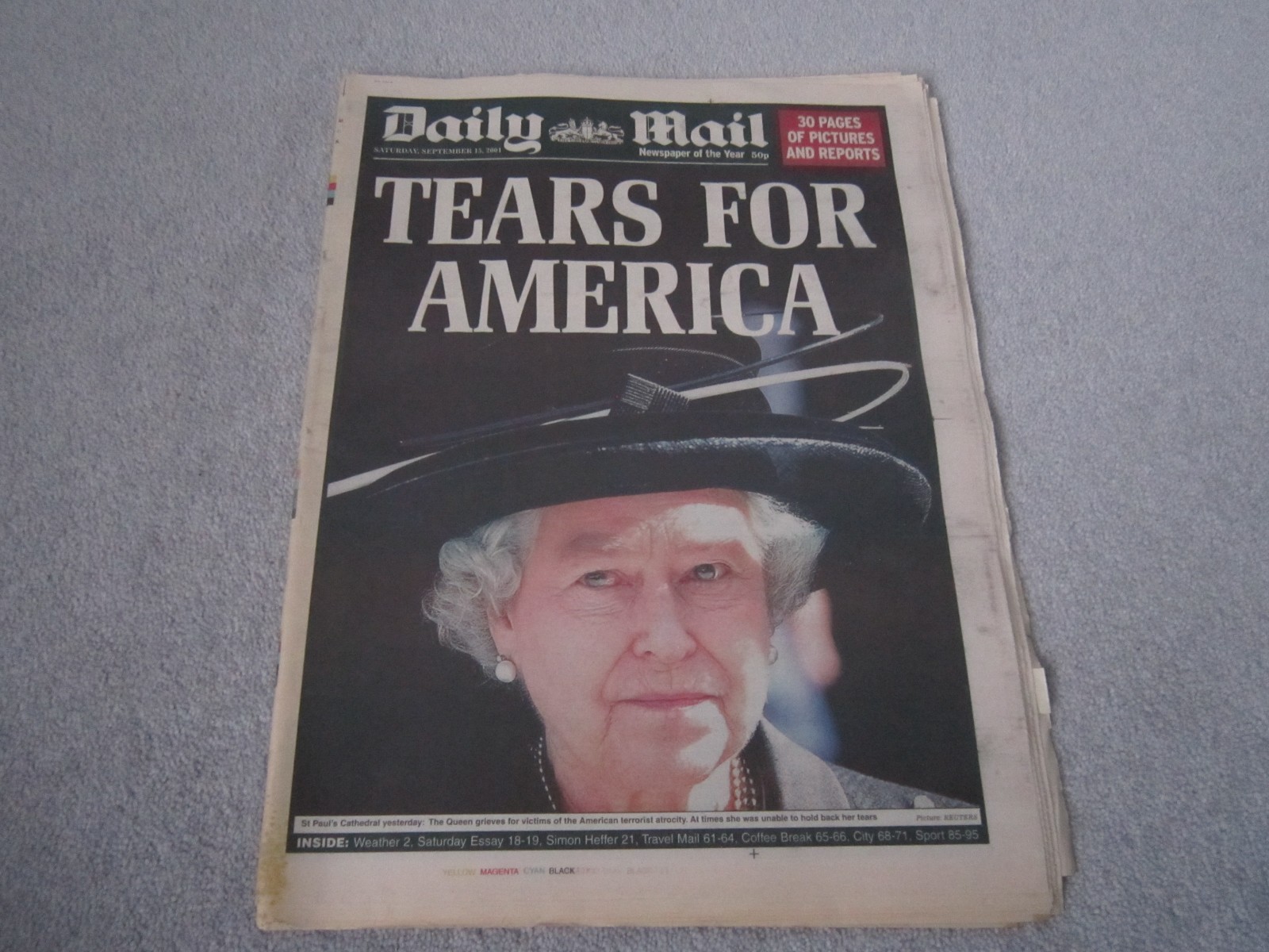 The Daily Mail newspaper September 15th 2001,Twin towers,Queen tears for America