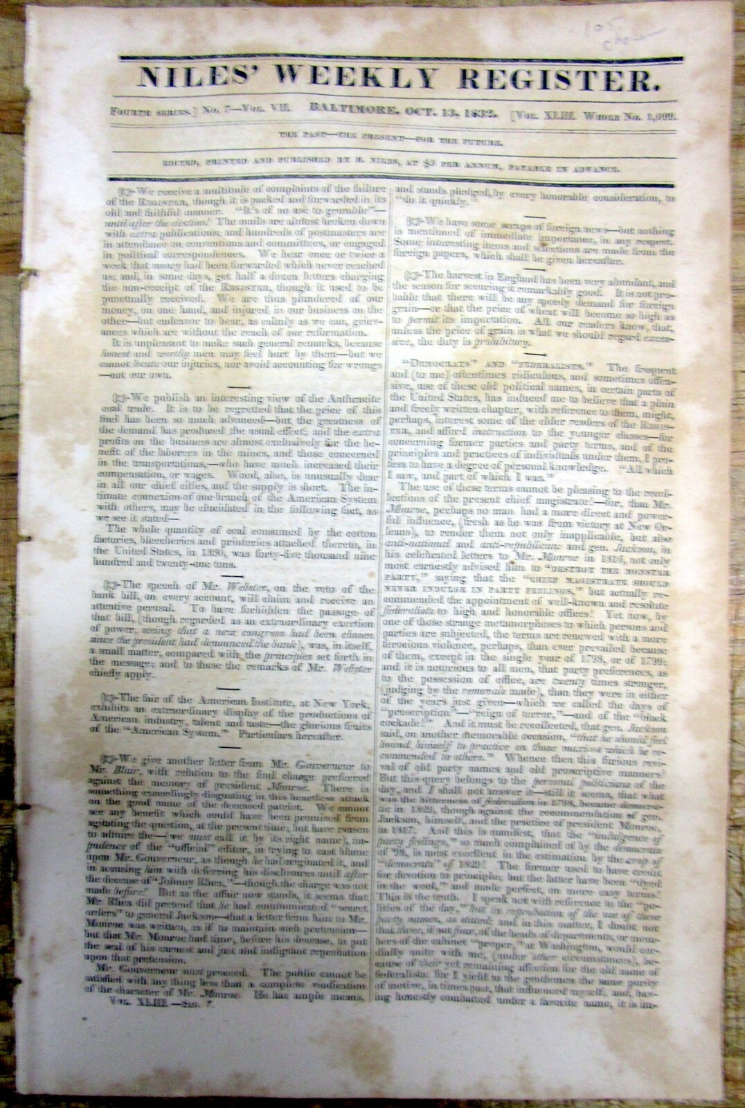 1832 newspaper INDIAN REMOVAL POLICY by President ANDREW JACKSON in GREAT DETAIL