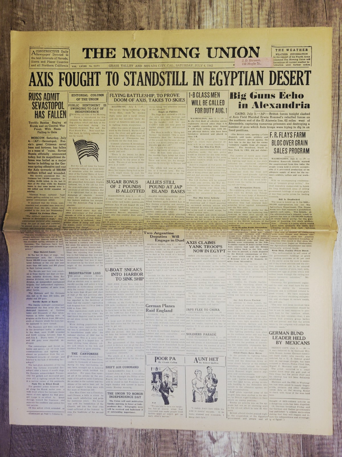 1942 July 4: Morning Union (NV/CA) Standstill In Egypt / World War 2 Headlines