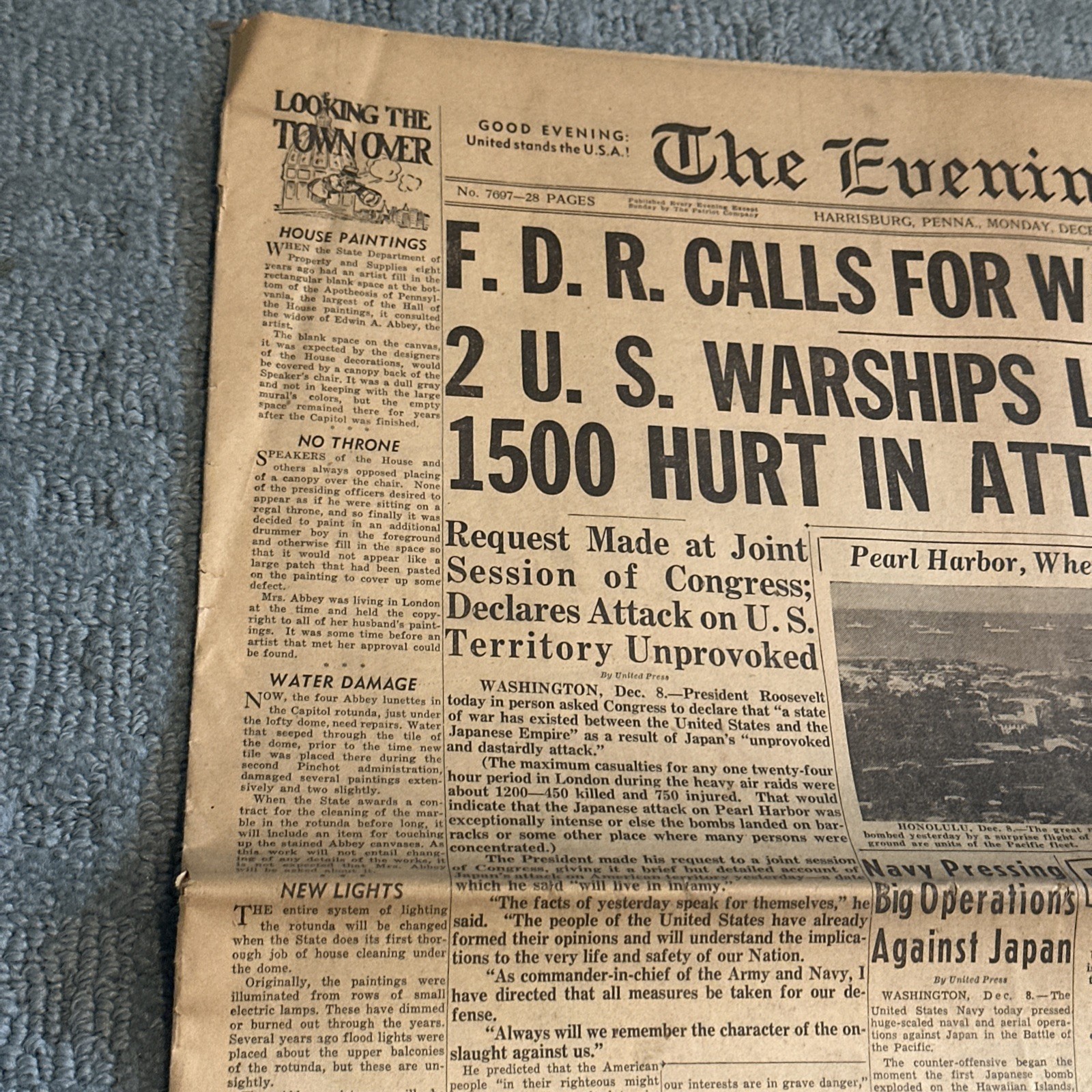 Dec 8 1941 The Evening News Newspaper Japan Attacks Pearl Harbor Harrisburg PA