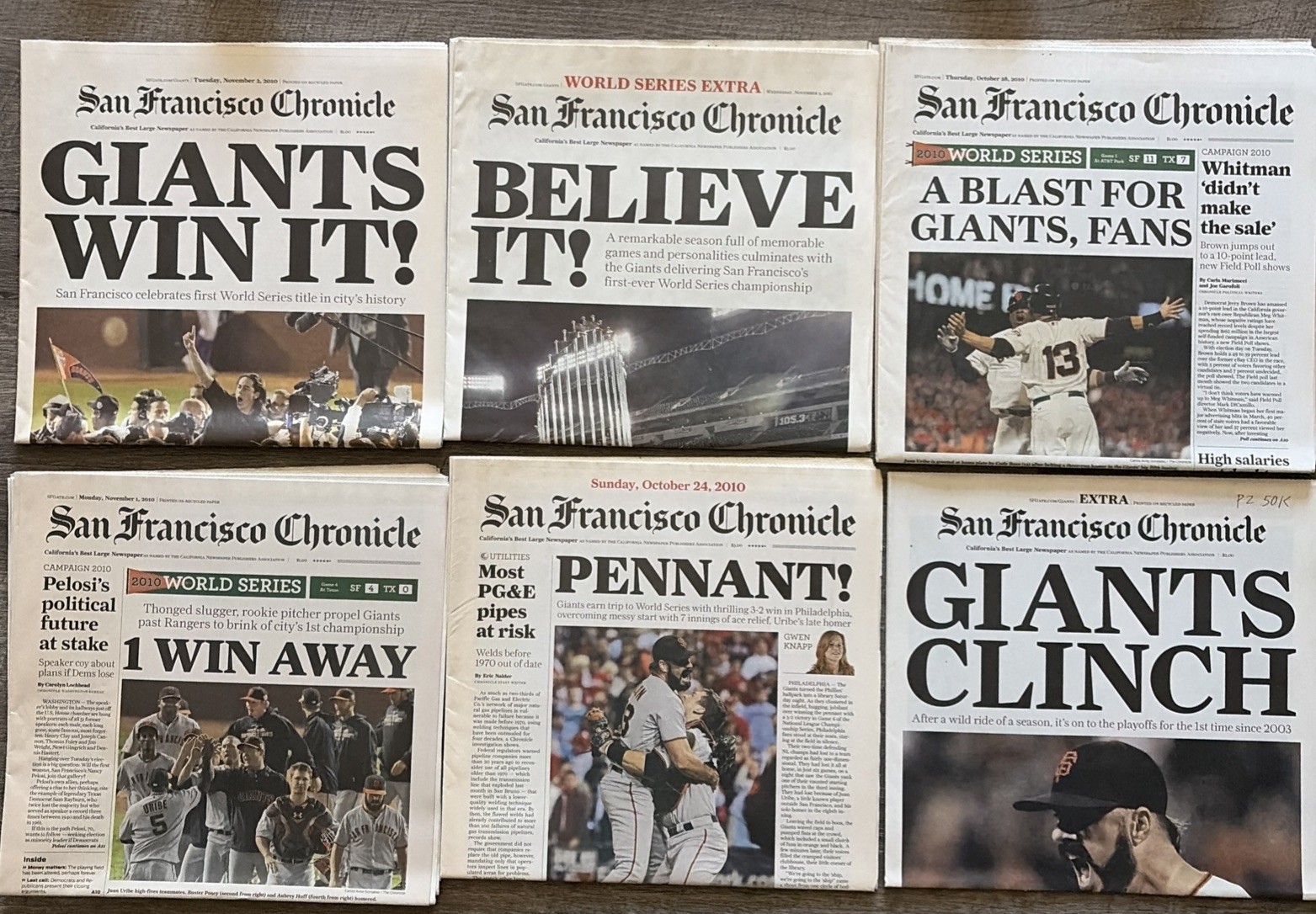SF Chronicle SF Giants 2010 World Series Newspaper Lot (6 Issues)