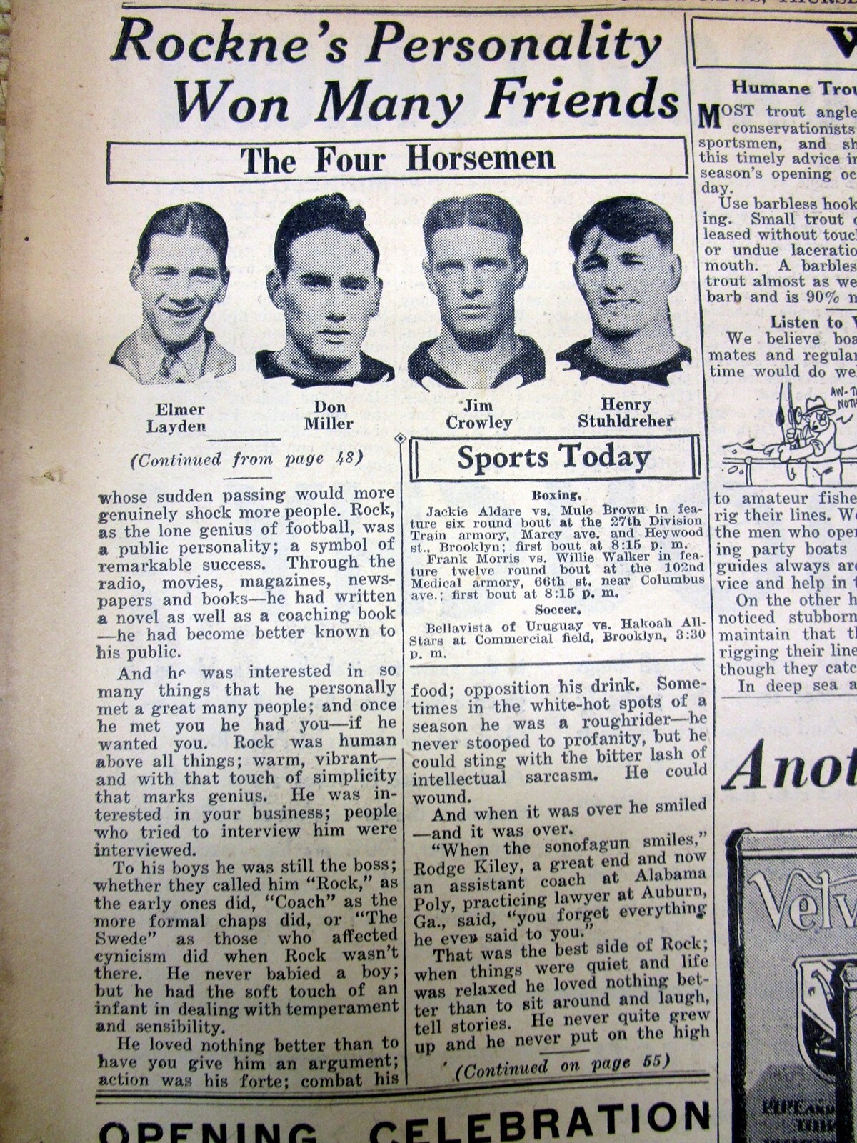 Apr 1931 newspaper Notre Dame football coach KNUTE ROCKNE KILLED in PLANE CRASH