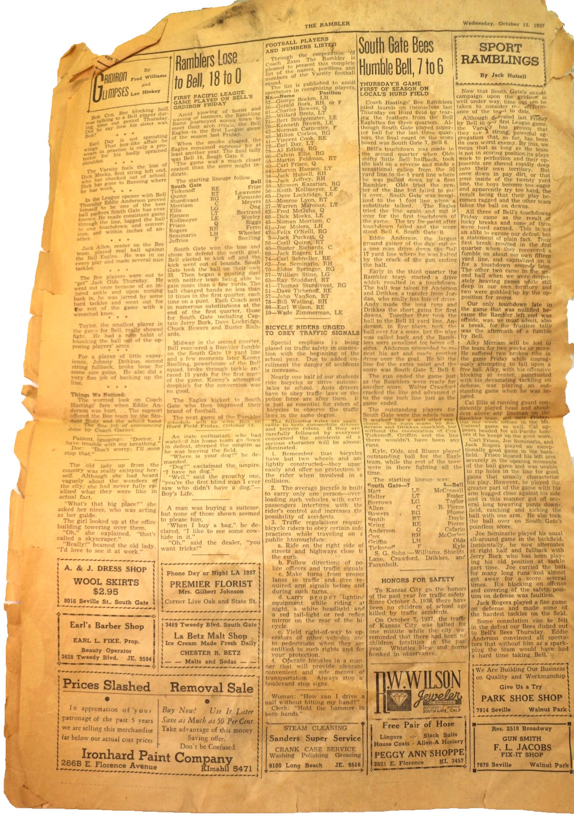 1937 South Gate California High School RAMBLER Newspaper Oct.13, 1937