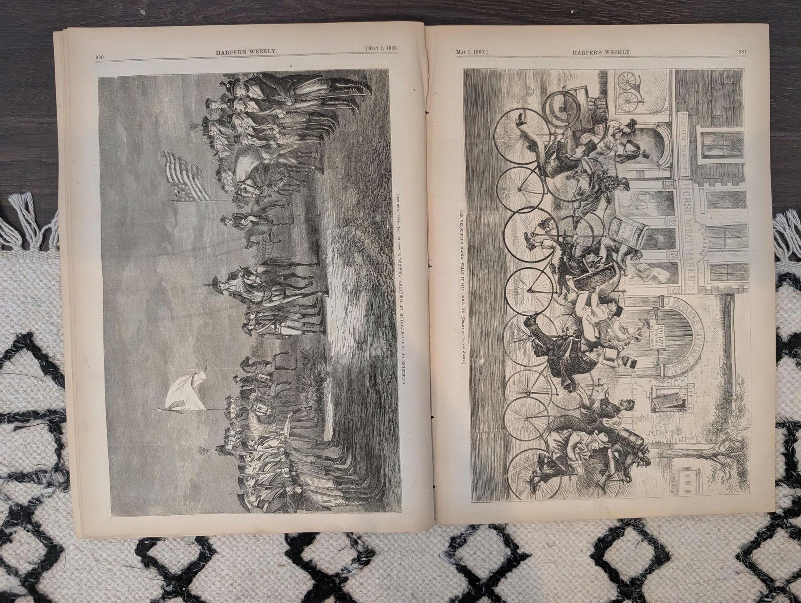 May 1 1869 Harpers Weekly, Velocipede Bicycle Mania, Yorktown Surrender, Shakesp
