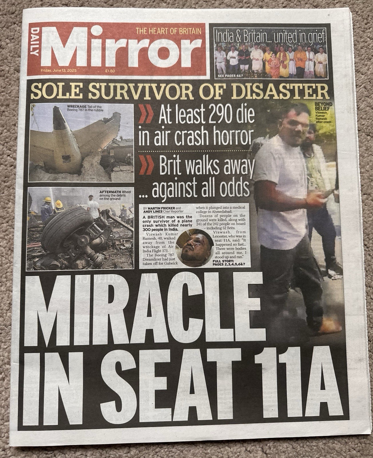 Daily Mirror 13th June 2025 13/6/25 Brit Survivor On Air India Plane Crash