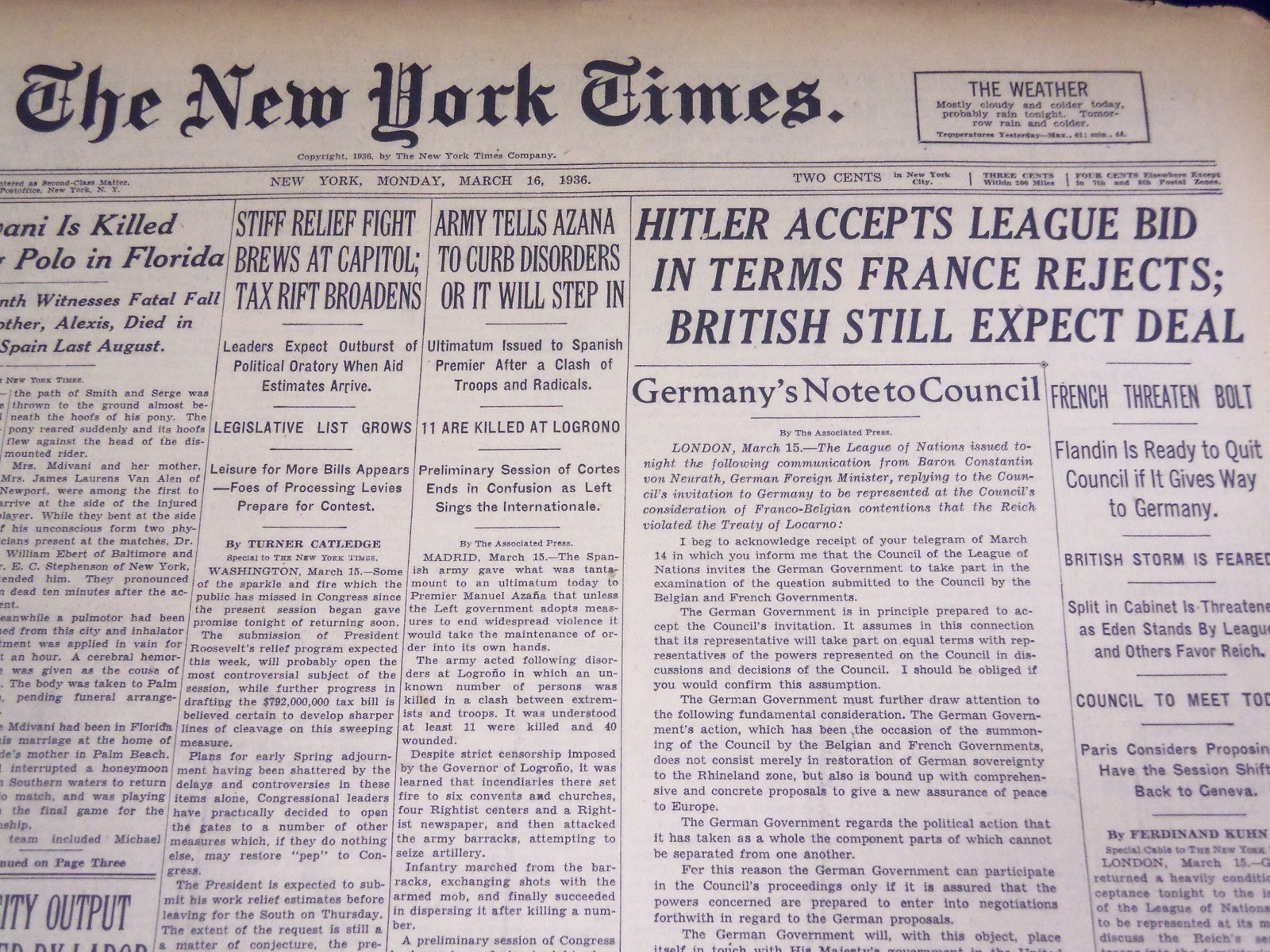 1936 MAR 16 NEW YORK TIMES – HITLER ACCEPTS LEAGUE BID, FRANCE REJECTS – NT 1852