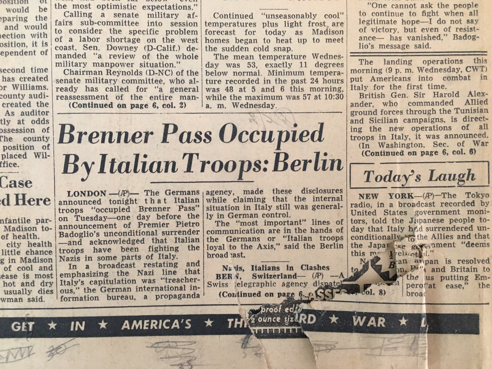 WWII Italy Quits-Invasion Naples 1943 Madison WI Dane County War Bond
