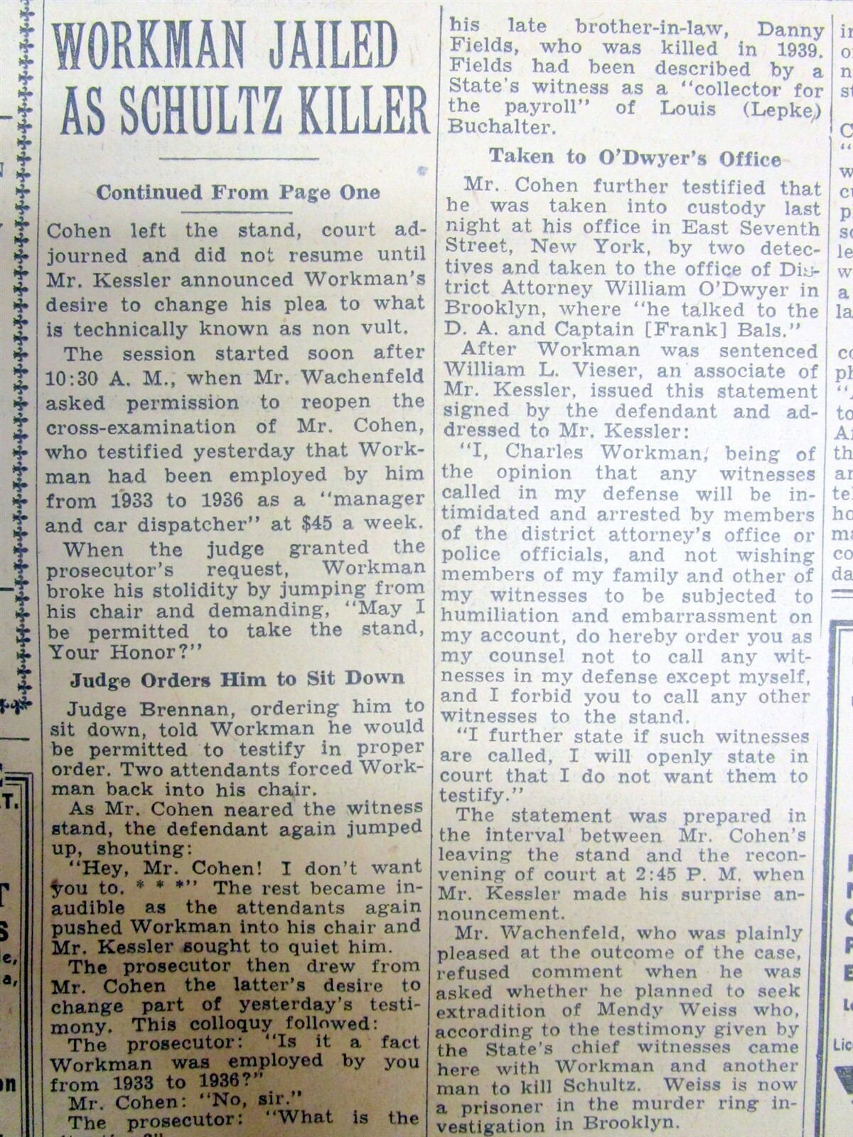 1941 newspaper DUTCH SHULTZ ASSASSIN SENTENCED 2 LIFE n PRISON Prohibition Gang