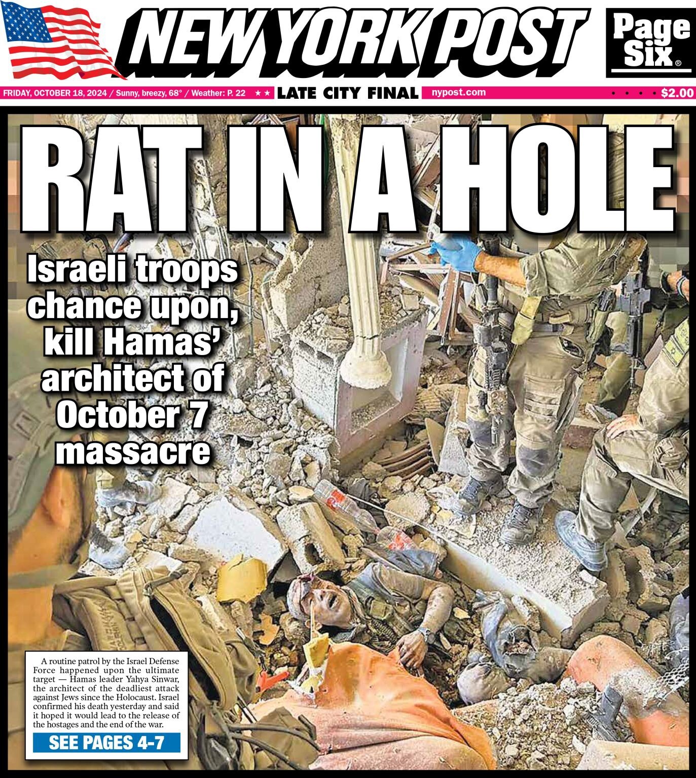 Hamas Leader Yahya Sinwar Dead Israel IDF New York Post Newspaper